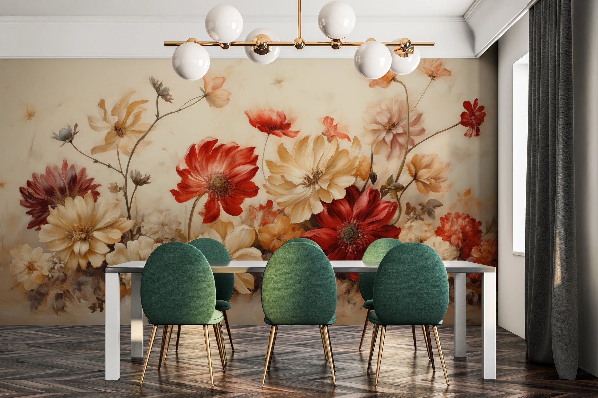 Wzór fototapety malowanej o nazwie Autumn Floral Bouquet pokazanej w aranżacji wnętrza.