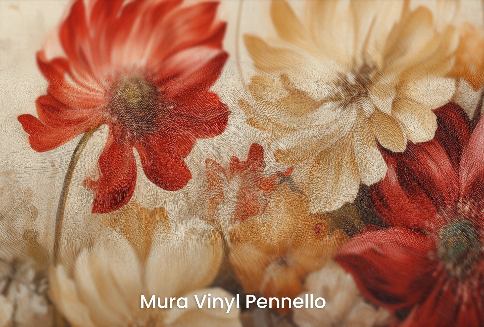 Zbliżenie na artystyczną fototapetę o nazwie Autumn Floral Bouquet na podłożu Mura Vinyl Pennello - faktura pociągnięć pędzla malarskiego.