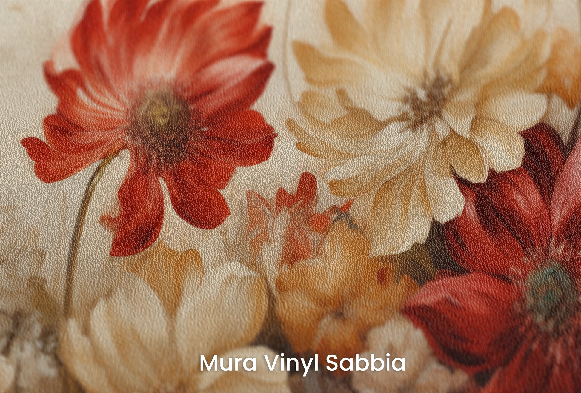 Zbliżenie na artystyczną fototapetę o nazwie Autumn Floral Bouquet na podłożu Mura Vinyl Sabbia struktura grubego ziarna piasku.