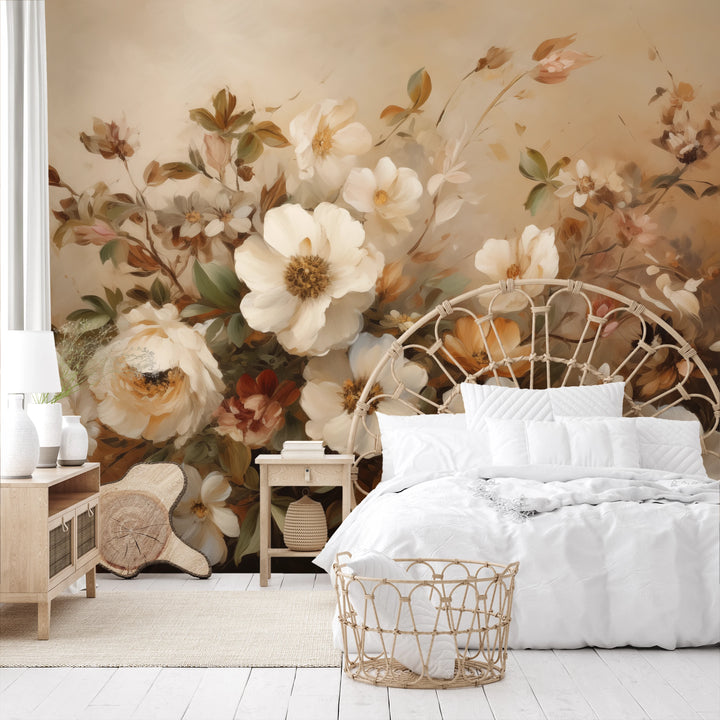 Fototapeta artystyczna o nazwie Gentle Floral Whisper pokazana w aranżacji wnętrza.