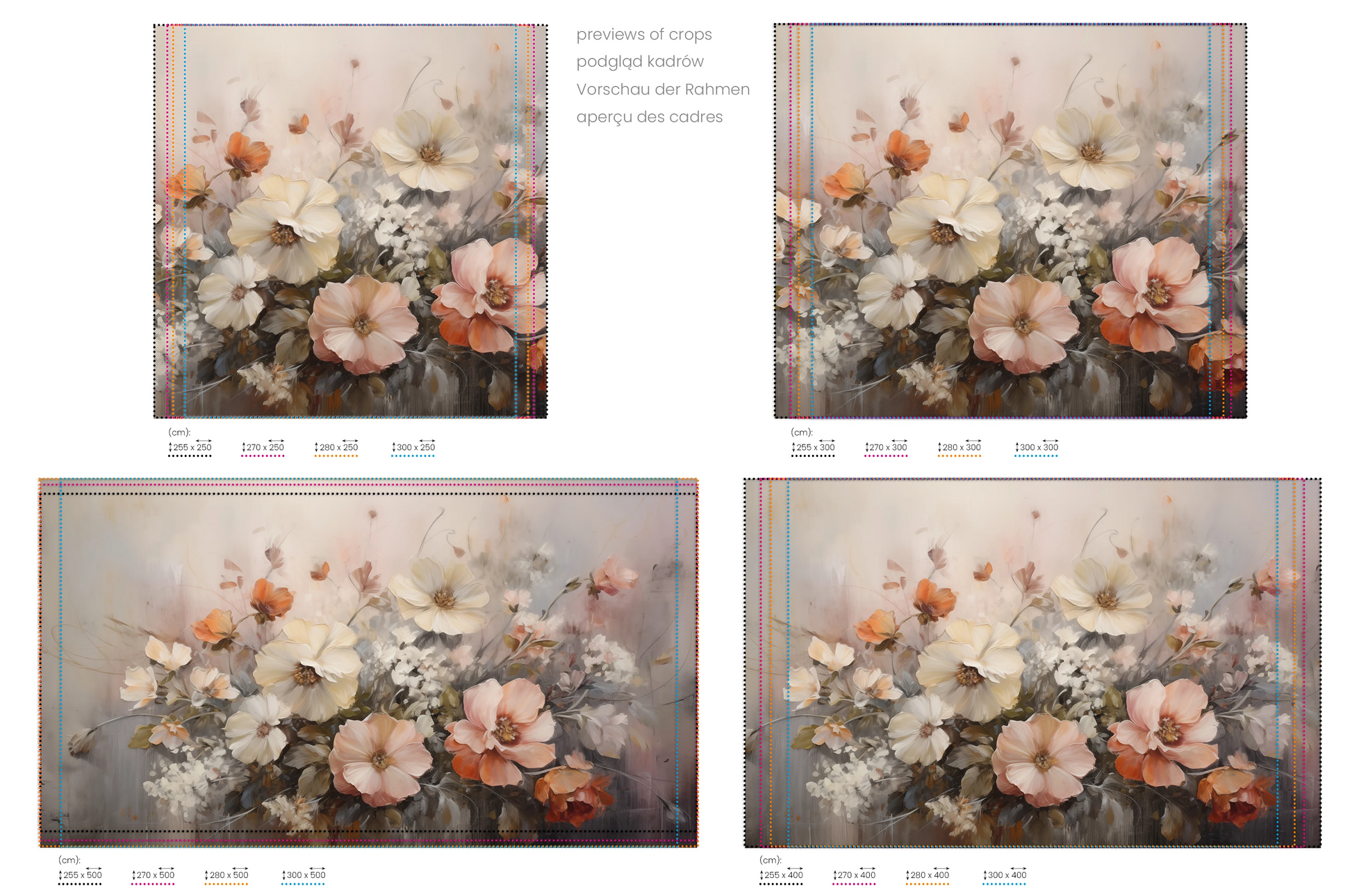 Na obrazie znajduje się prezentacja przykładowych rozmiarów fototapety o nazwie Ethereal Floral Blend. Rozmiar fototapety jest dowolny.