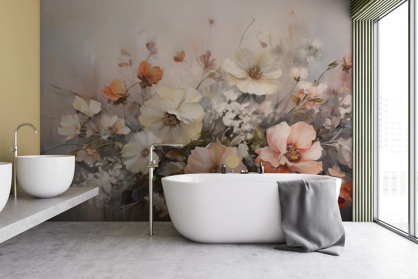Wzór fototapety o nazwie Ethereal Floral Blend pokazanej w kontekście pomieszczenia.
