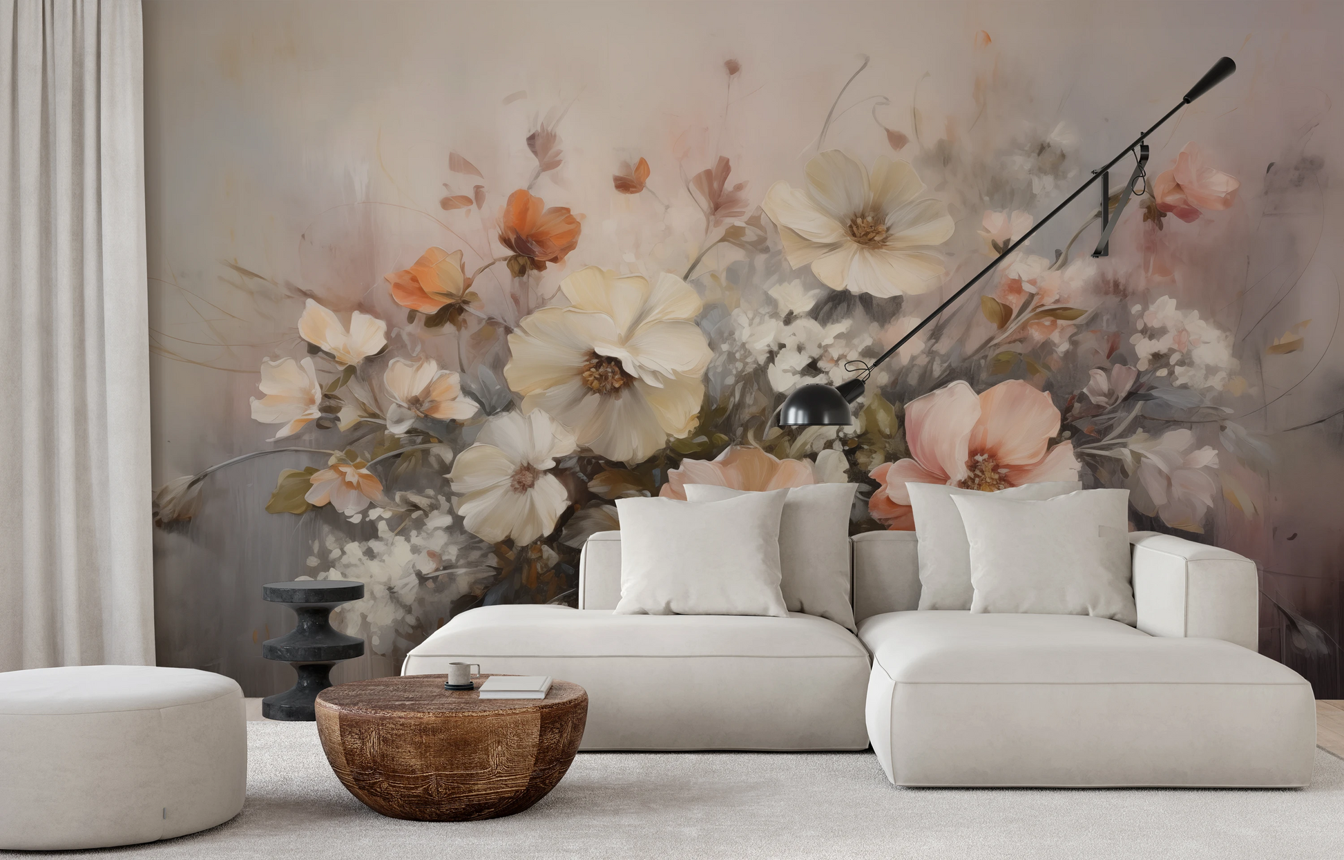 Wzór fototapety artystycznej o nazwie Ethereal Floral Blend pokazanej w aranżacji wnętrza.