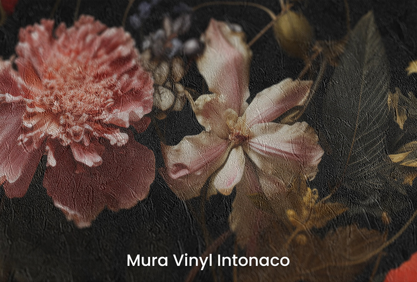 Zbliżenie na artystyczną fototapetę o nazwie Baroque Night na podłożu Mura Vinyl Intonaco - struktura tartego tynku.