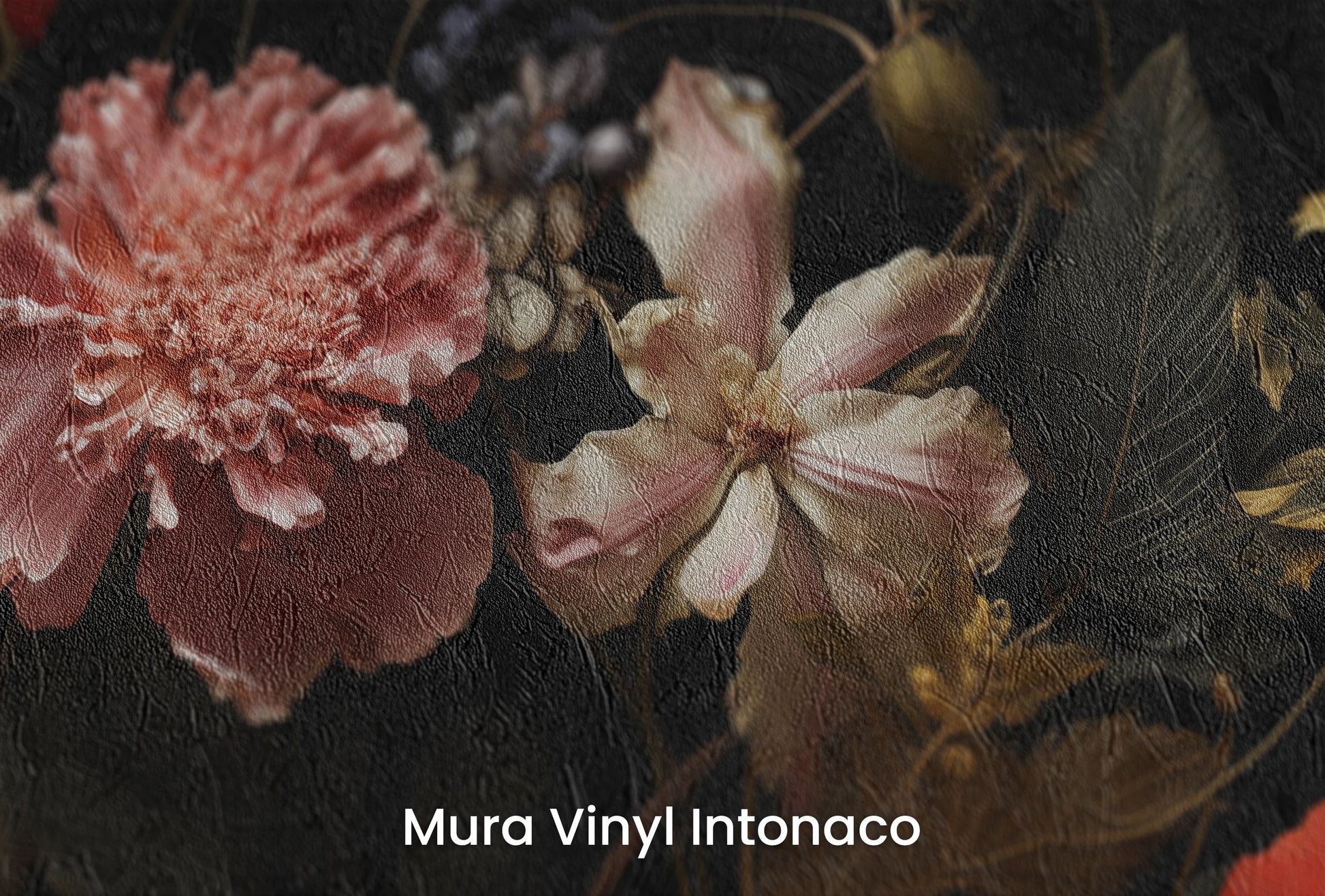Zbliżenie na artystyczną fototapetę o nazwie Baroque Night na podłożu Mura Vinyl Intonaco - struktura tartego tynku.