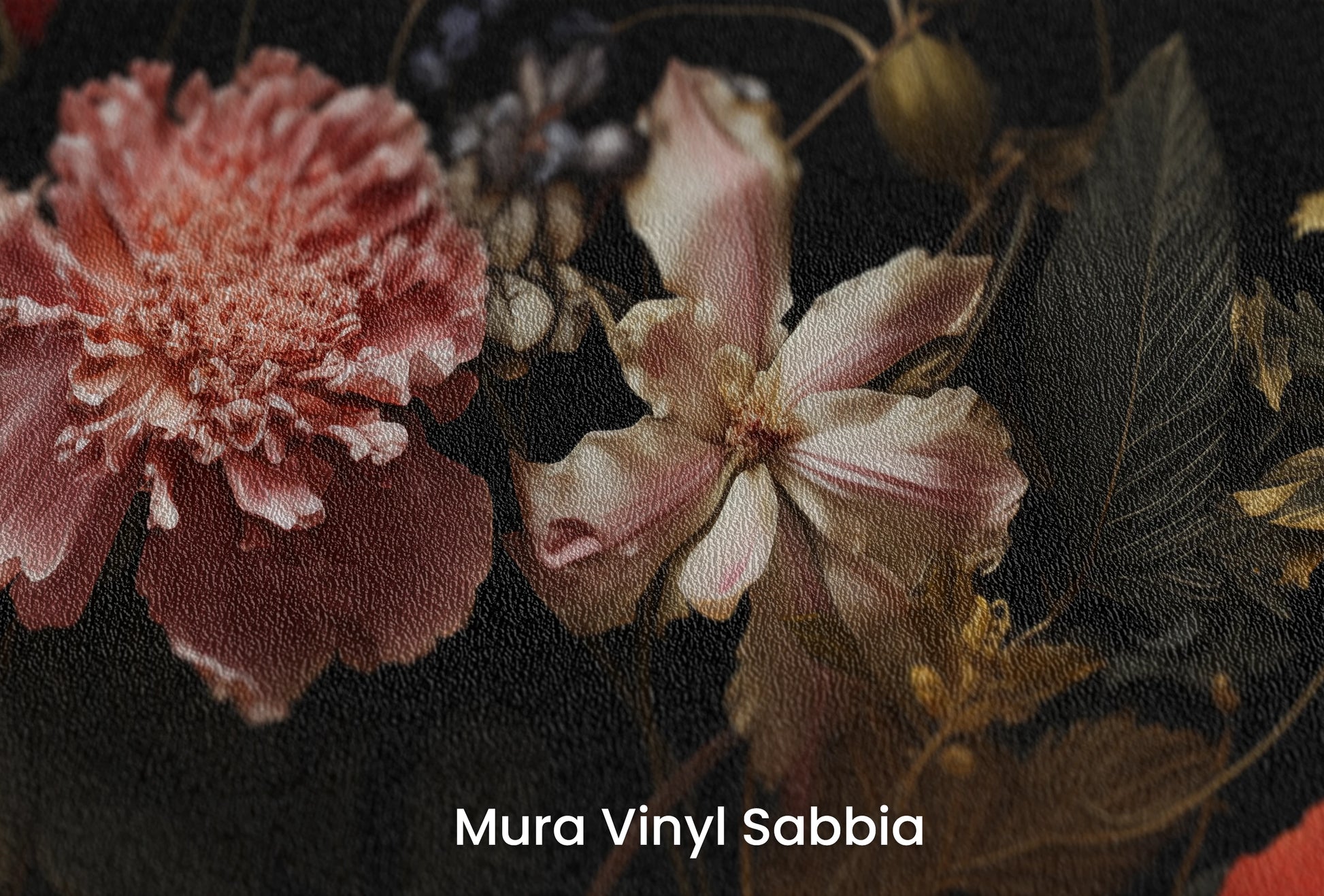 Zbliżenie na artystyczną fototapetę o nazwie Baroque Night na podłożu Mura Vinyl Sabbia struktura grubego ziarna piasku.