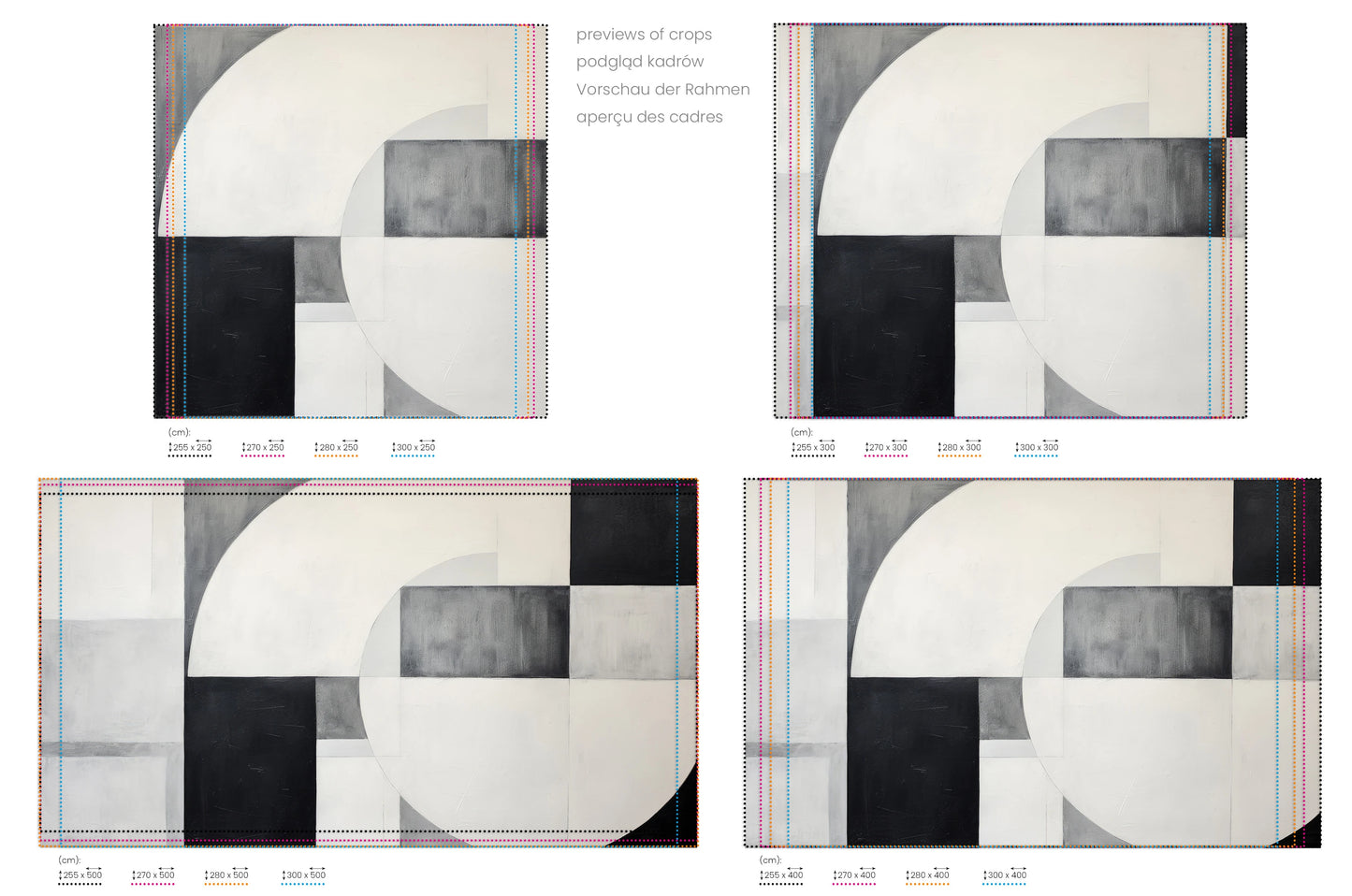 Na obrazie znajduje się prezentacja przykładowych rozmiarów fototapety o nazwie Minimalist Composition. Rozmiar fototapety jest dowolny.