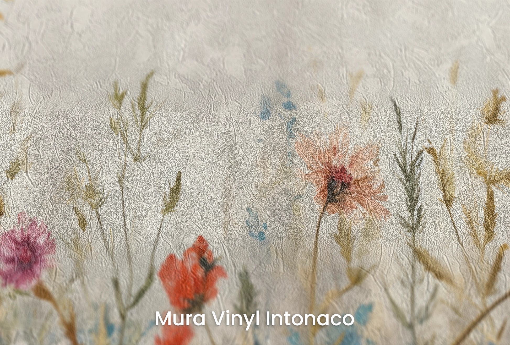 Zbliżenie na artystyczną fototapetę o nazwie Blossoming Elegance na podłożu Mura Vinyl Intonaco - struktura tartego tynku.