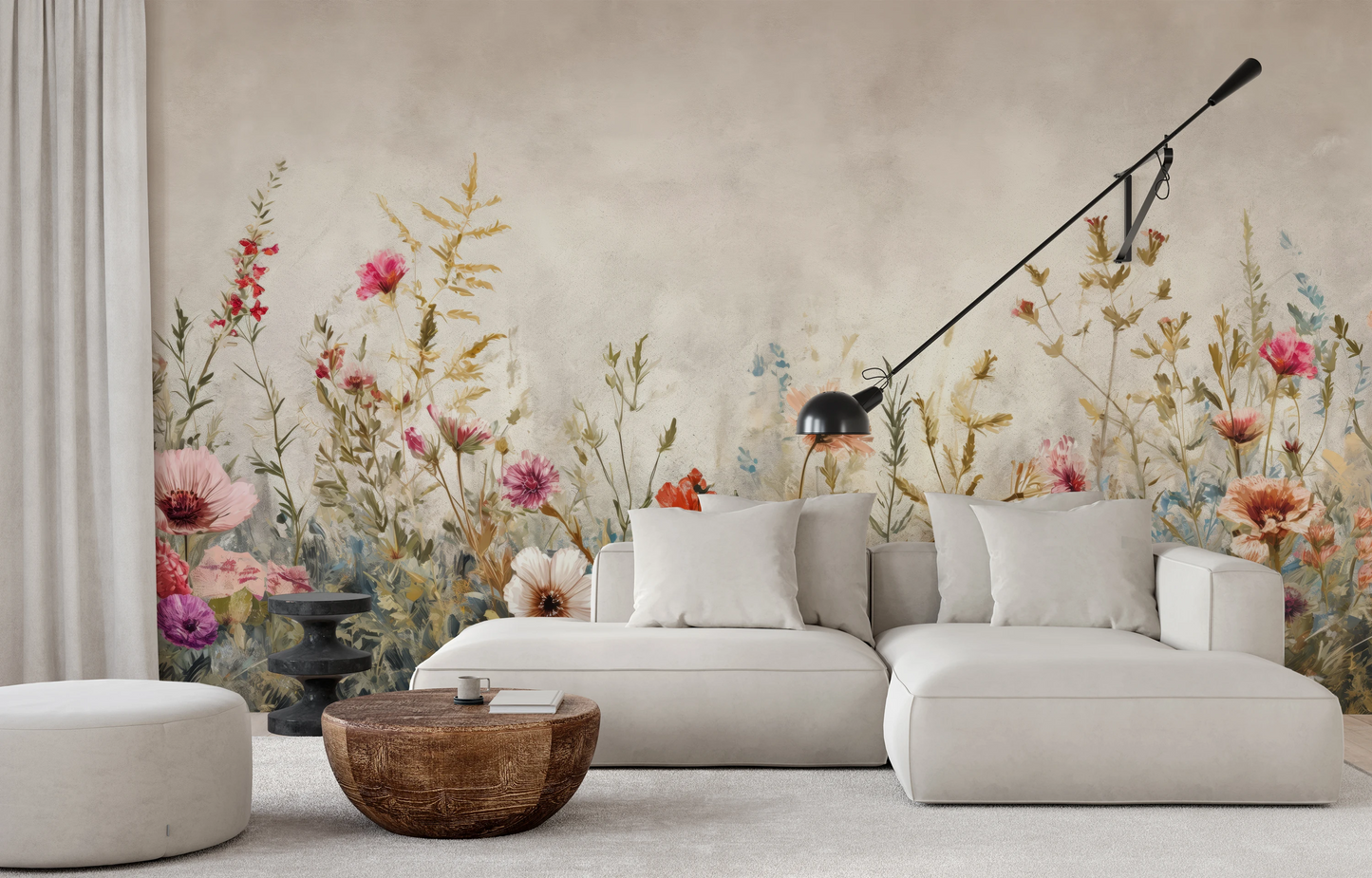 Wzór fototapety artystycznej o nazwie Blossoming Elegance pokazanej w aranżacji wnętrza.