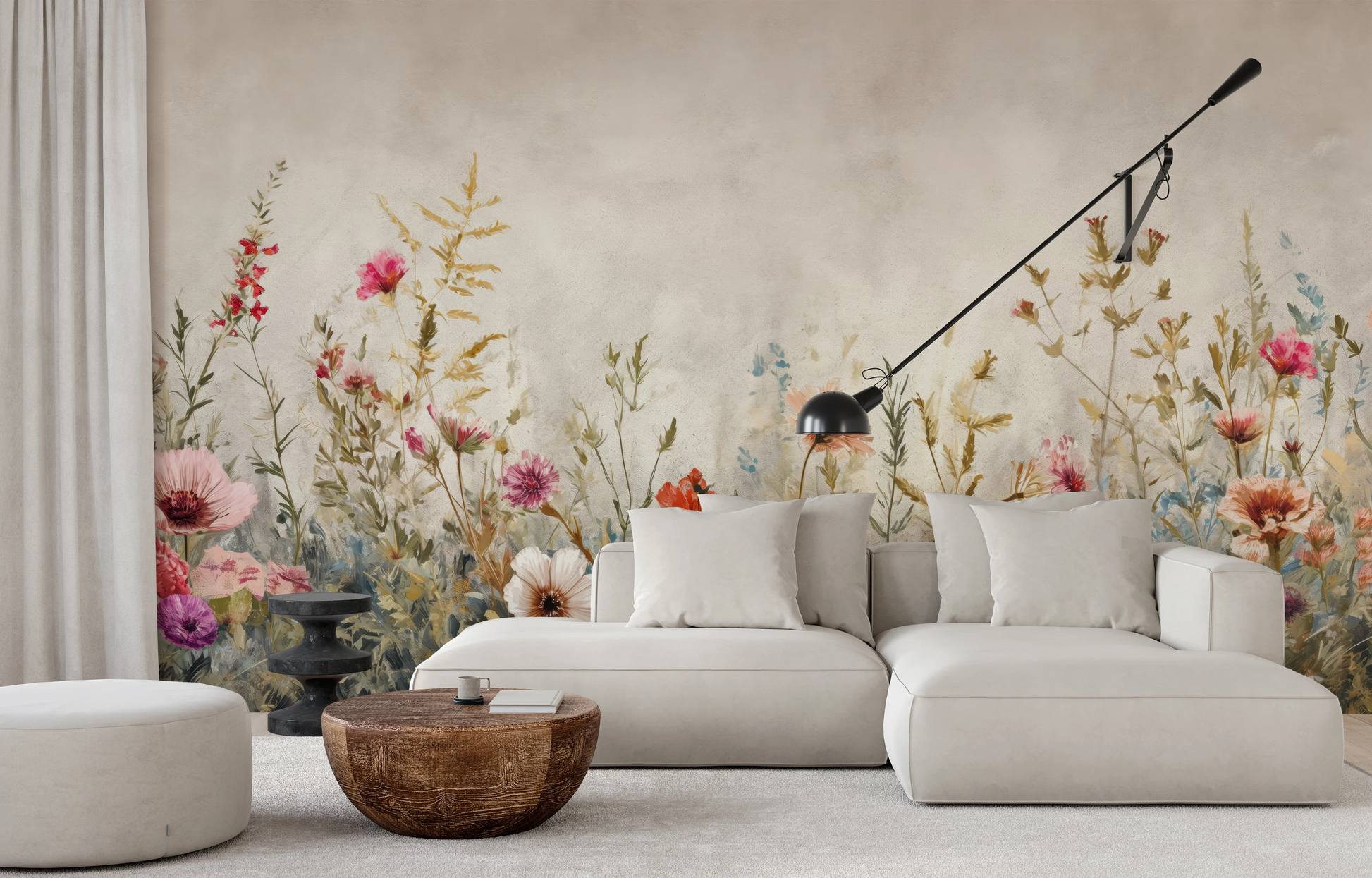 Wzór fototapety artystycznej o nazwie Blossoming Elegance pokazanej w aranżacji wnętrza.