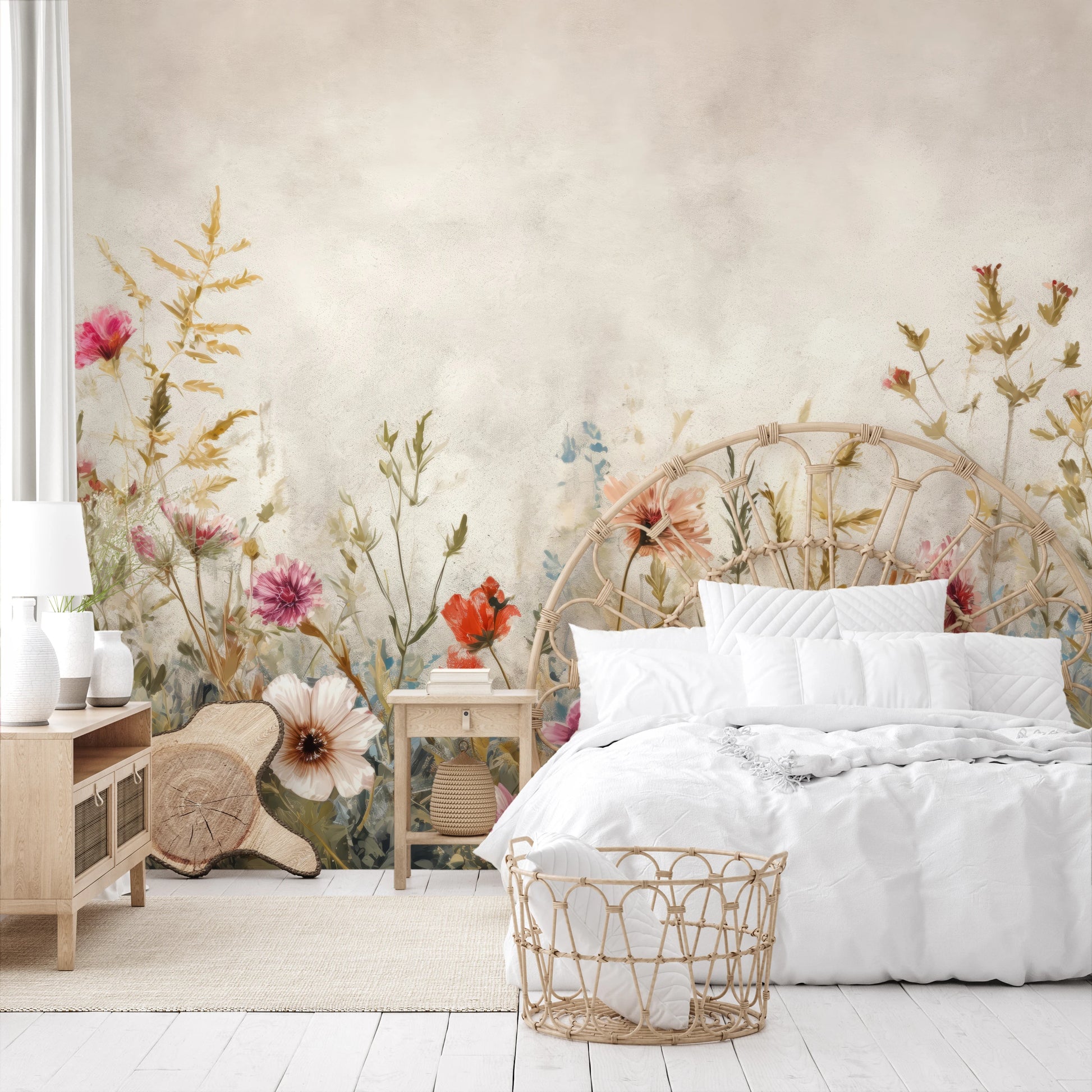 Wzór fototapety malowanej o nazwie Blossoming Elegance pokazanej w aranżacji wnętrza.