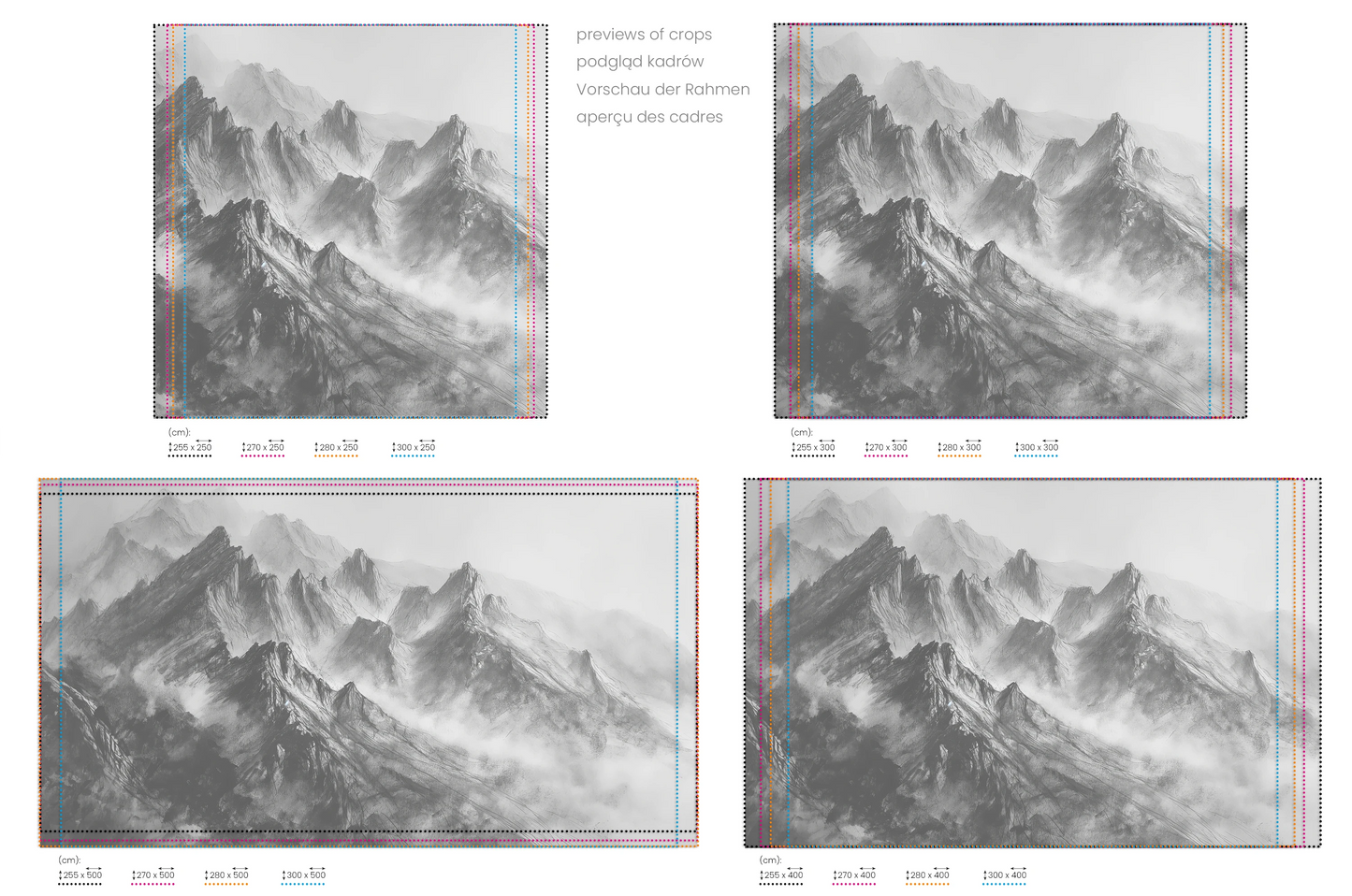 Na obrazie znajduje się prezentacja przykładowych rozmiarów fototapety o nazwie Graphite Peaks. Rozmiar fototapety jest dowolny.