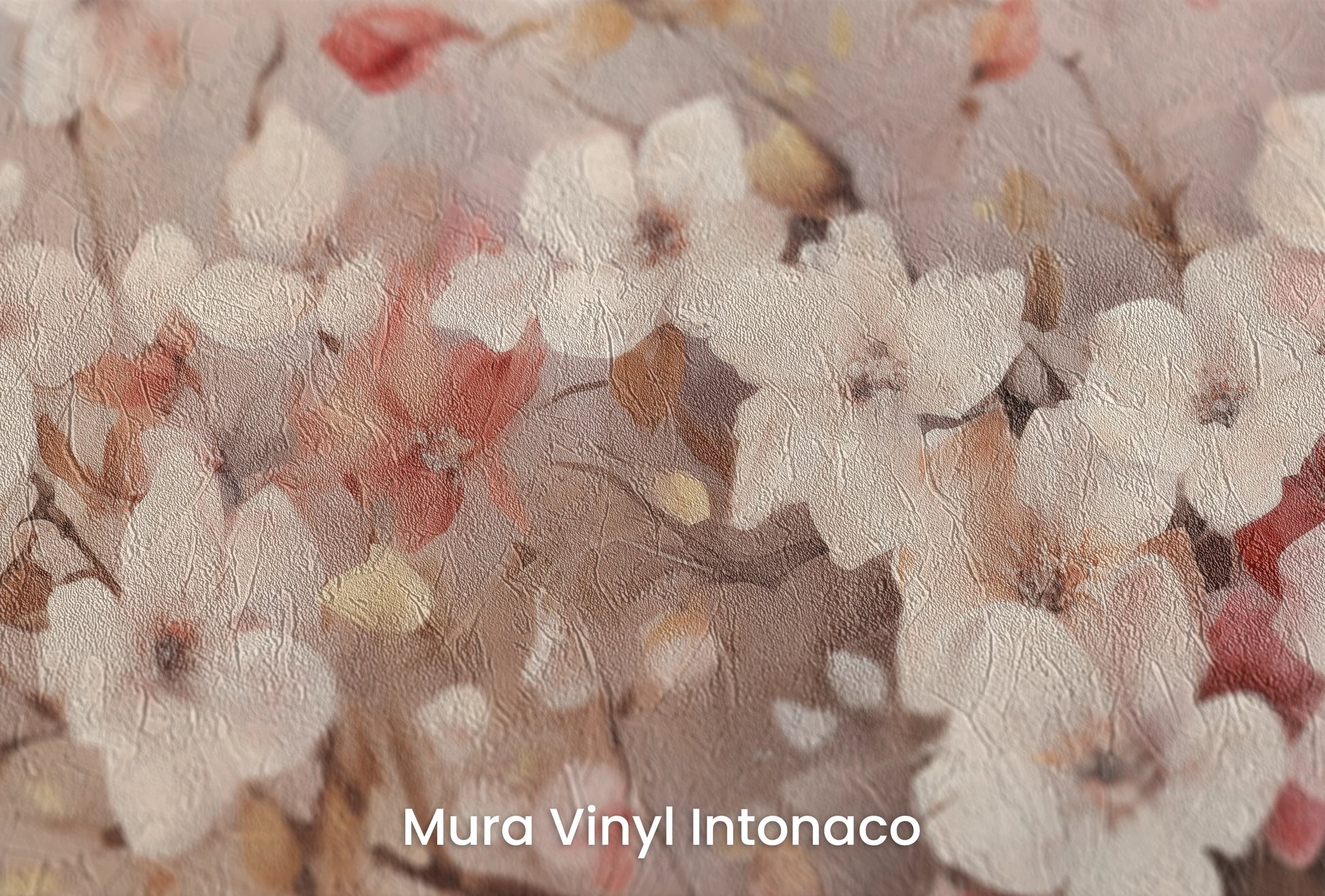 Zbliżenie na artystyczną fototapetę o nazwie Spring Whisper na podłożu Mura Vinyl Intonaco - struktura tartego tynku.