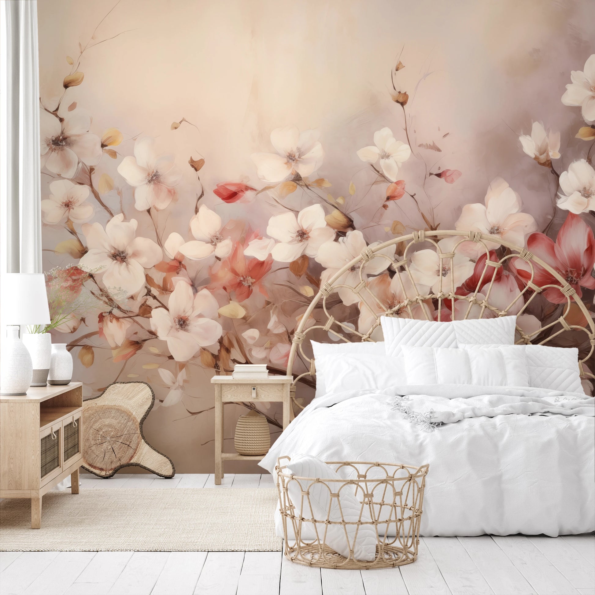 Wzór fototapety artystycznej o nazwie Spring Whisper pokazanej w aranżacji wnętrza.