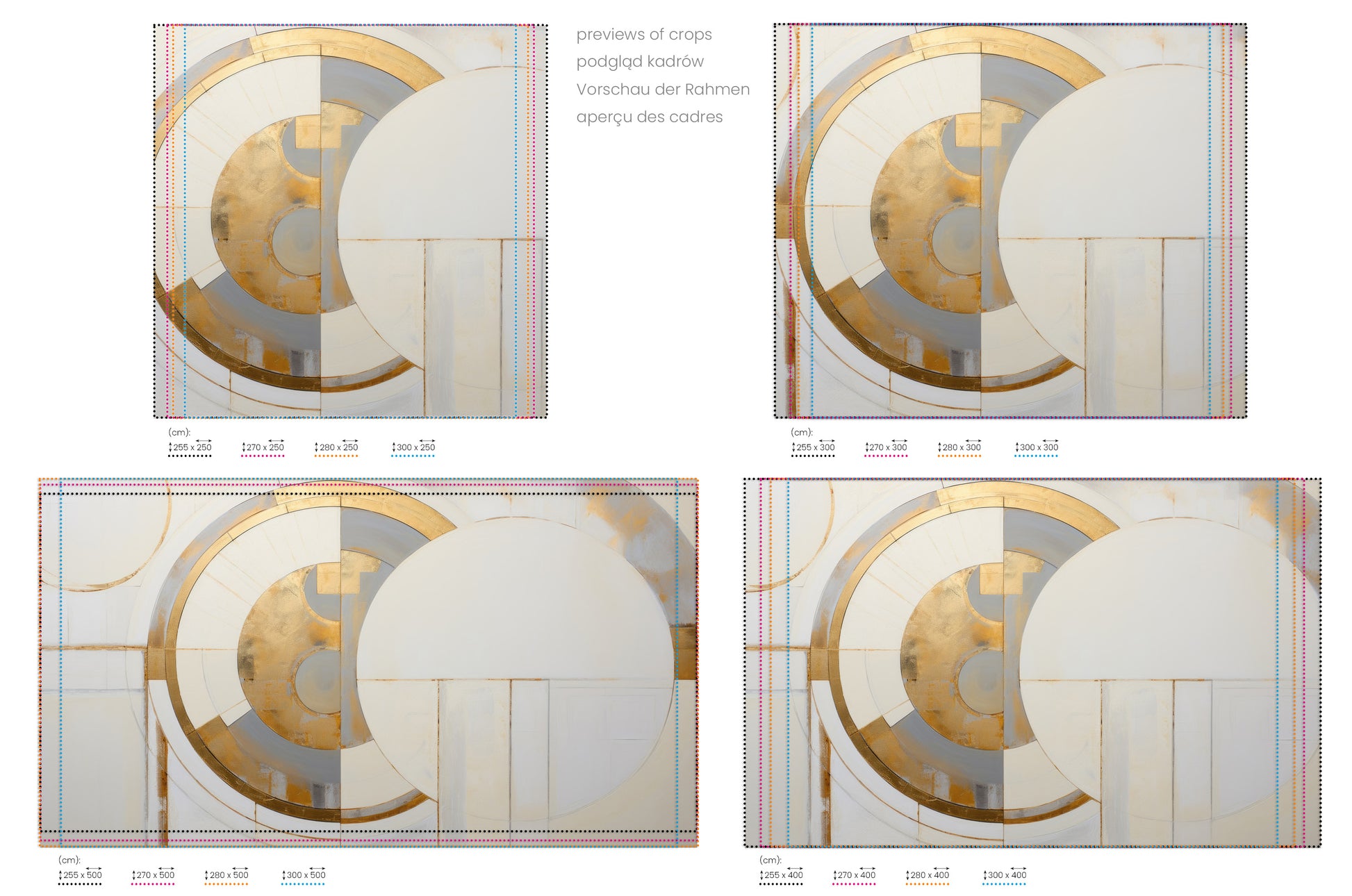Na obrazie znajduje się prezentacja przykładowych rozmiarów fototapety o nazwie CIRCULAR DIVINITY IN GOLD. Rozmiar fototapety jest dowolny.