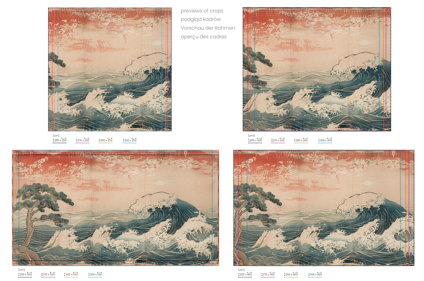 Na obrazie znajduje się prezentacja przykładowych rozmiarów fototapety o nazwie Edo's Sunrise. Rozmiar fototapety jest dowolny.
