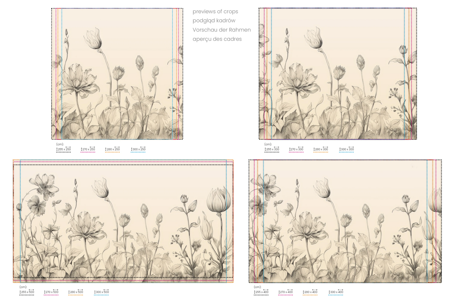 Na obrazie znajduje się prezentacja przykładowych rozmiarów fototapety o nazwie Gentle Tulips. Rozmiar fototapety jest dowolny.