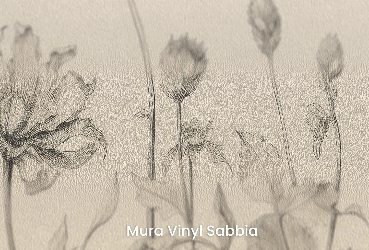Zbliżenie na artystyczną fototapetę o nazwie Gentle Tulips na podłożu Mura Vinyl Sabbia struktura grubego ziarna piasku.