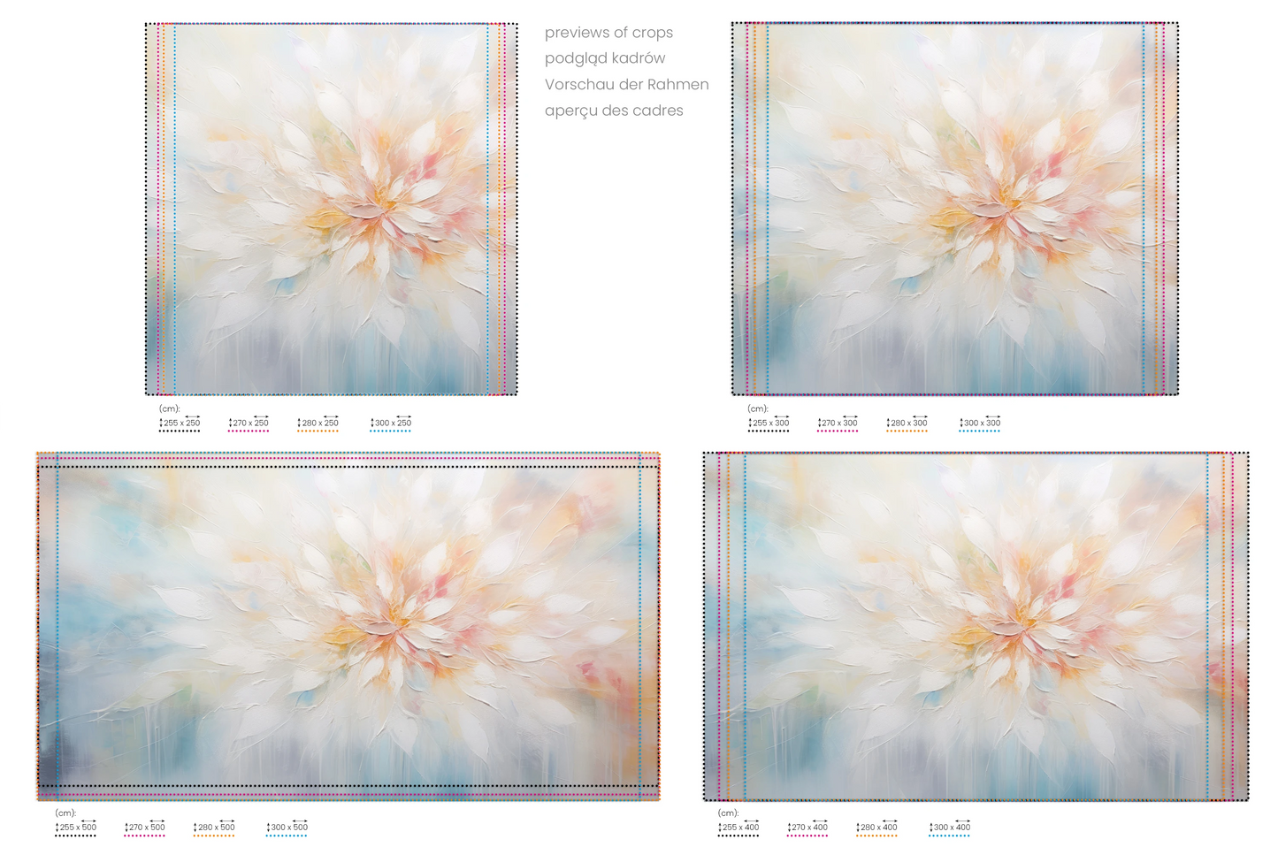 Na obrazie znajduje się prezentacja przykładowych rozmiarów fototapety o nazwie Ethereal Blossom. Rozmiar fototapety jest dowolny.