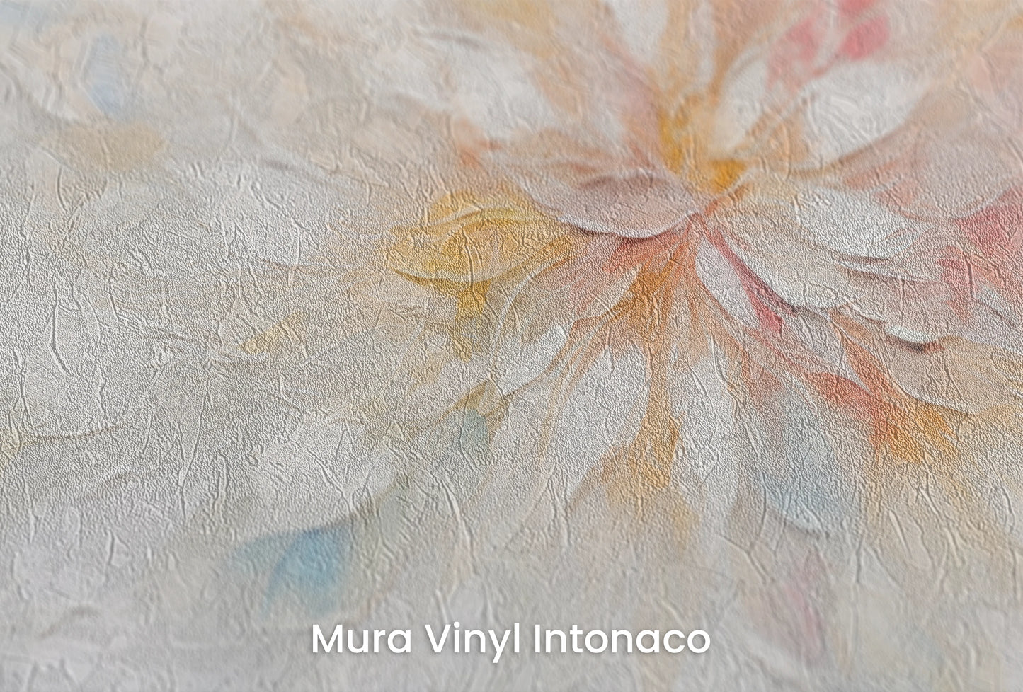Zbliżenie na artystyczną fototapetę o nazwie Ethereal Blossom na podłożu Mura Vinyl Intonaco - struktura tartego tynku.