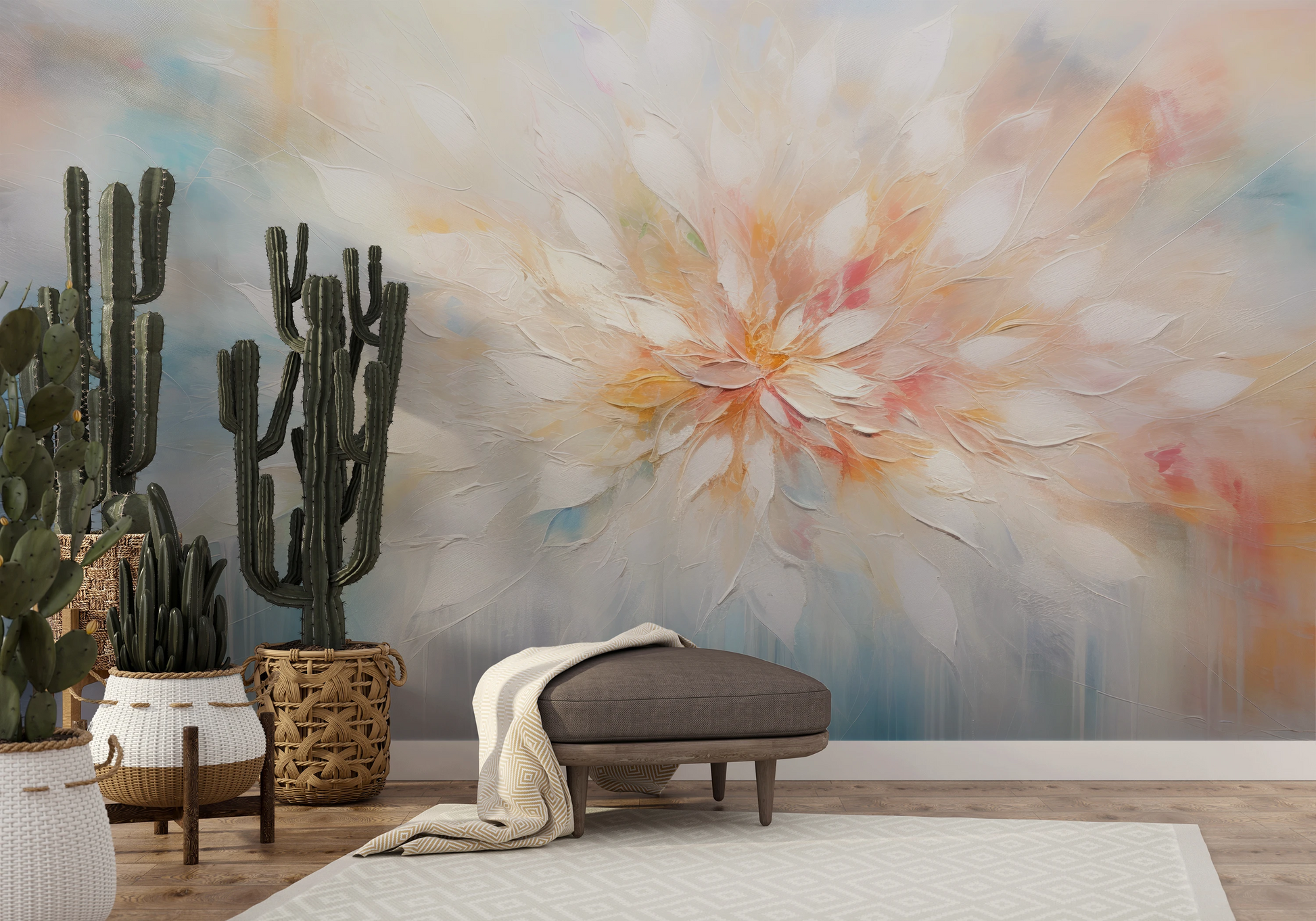 Fototapeta artystyczna o nazwie Ethereal Blossom pokazana w aranżacji wnętrza.