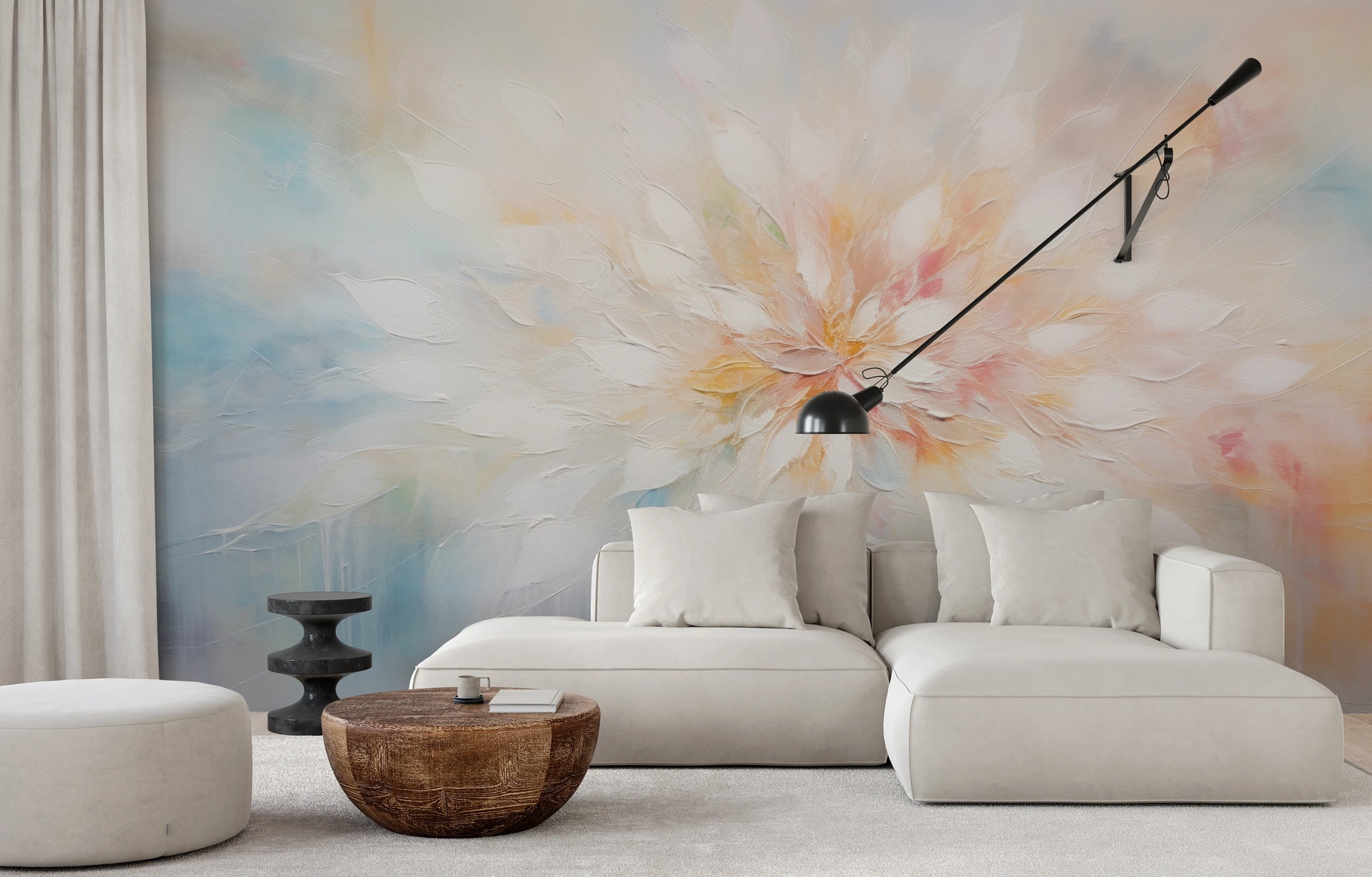 Wzór fototapety artystycznej o nazwie Ethereal Blossom pokazanej w aranżacji wnętrza.