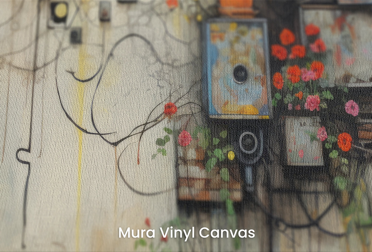 Zbliżenie na artystyczną fototapetę o nazwie Floral Facade na podłożu Mura Vinyl Canvas - faktura naturalnego płótna.