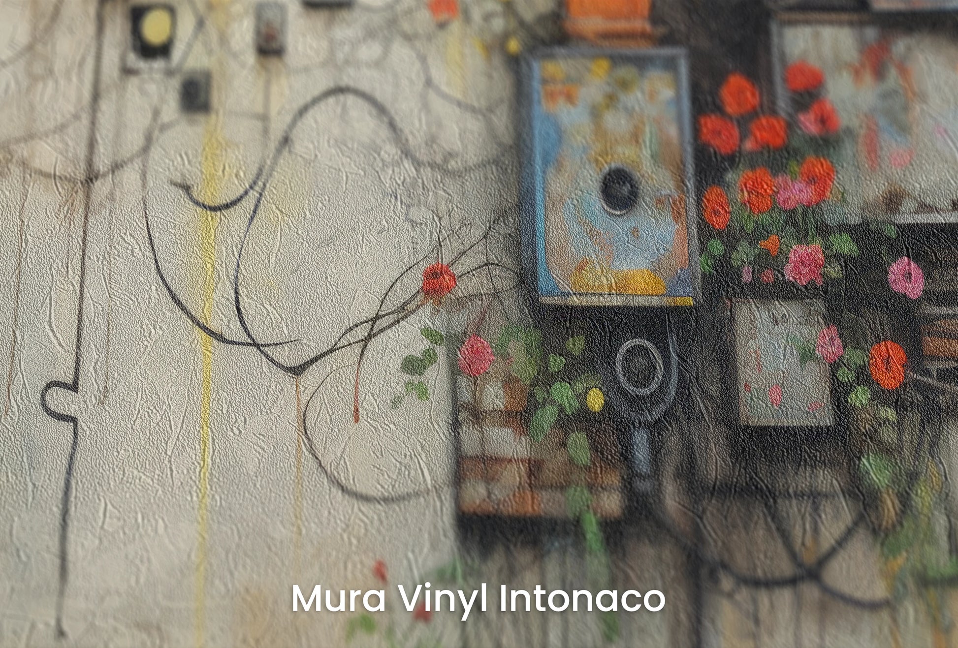 Zbliżenie na artystyczną fototapetę o nazwie Floral Facade na podłożu Mura Vinyl Intonaco - struktura tartego tynku.
