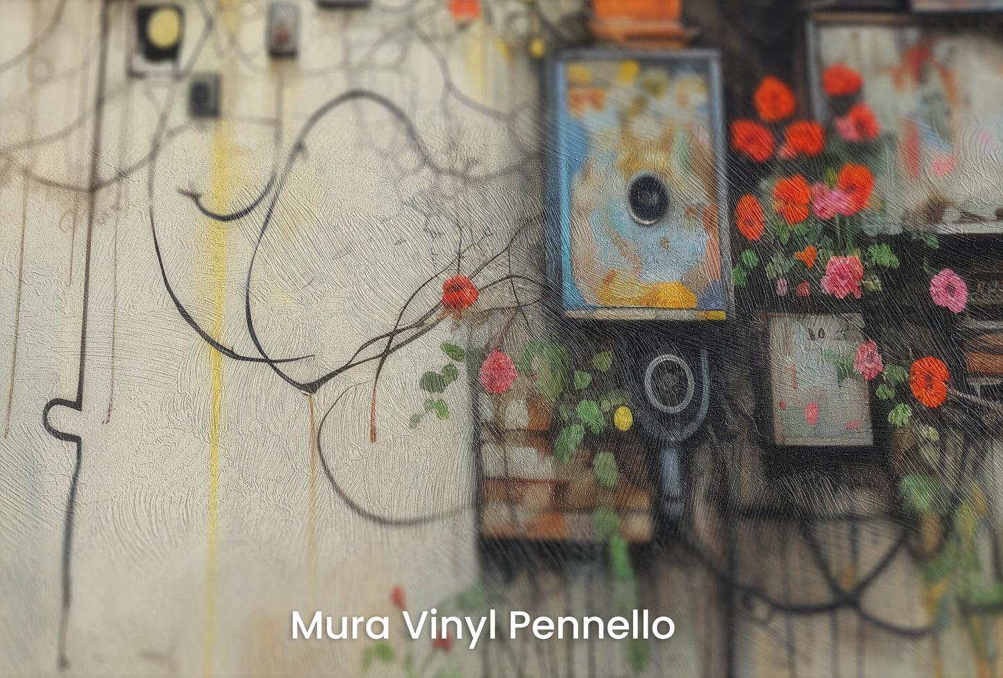 Zbliżenie na artystyczną fototapetę o nazwie Floral Facade na podłożu Mura Vinyl Pennello - faktura pociągnięć pędzla malarskiego.