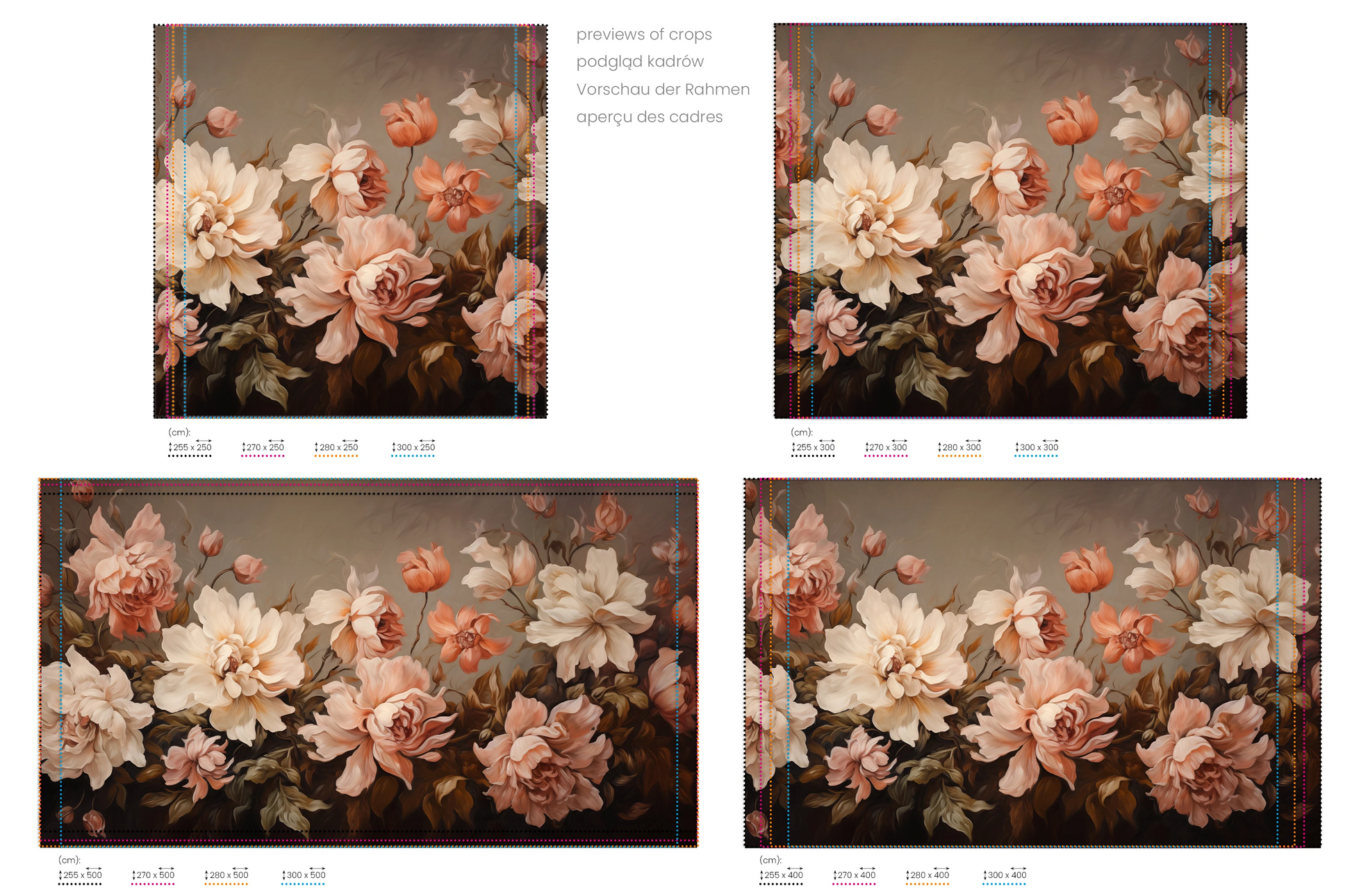 Na obrazie znajduje się prezentacja przykładowych rozmiarów fototapety o nazwie Autumn Rose Elegance. Rozmiar fototapety jest dowolny.