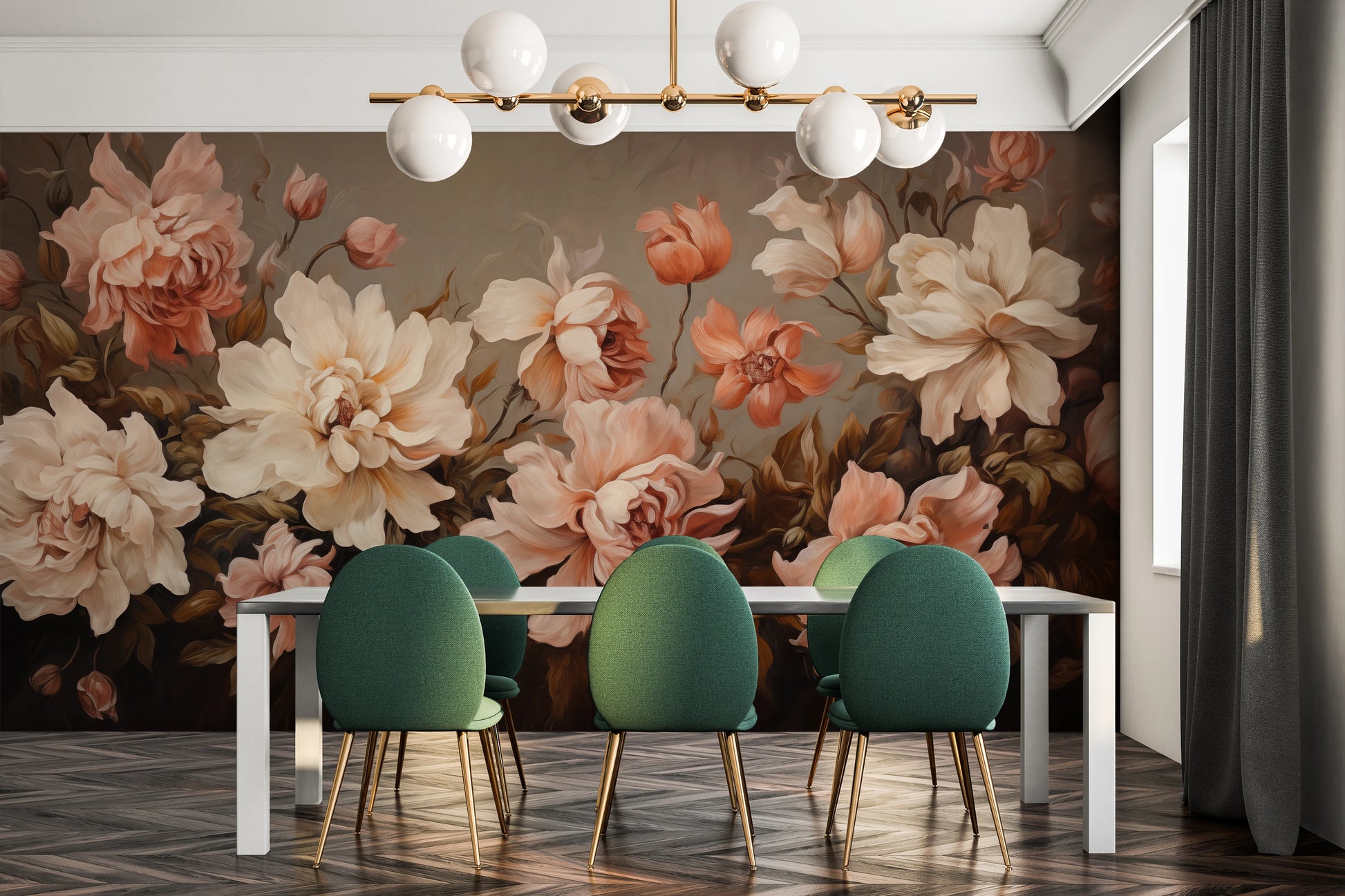 Wzór fototapety o nazwie Autumn Rose Elegance pokazanej w kontekście pomieszczenia.