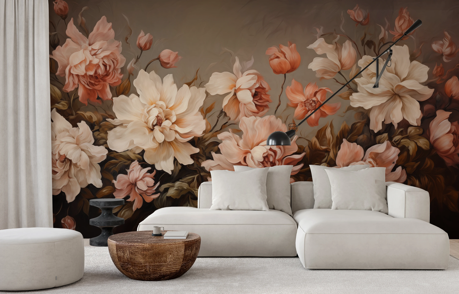 Wzór fototapety malowanej o nazwie Autumn Rose Elegance pokazanej w aranżacji wnętrza.