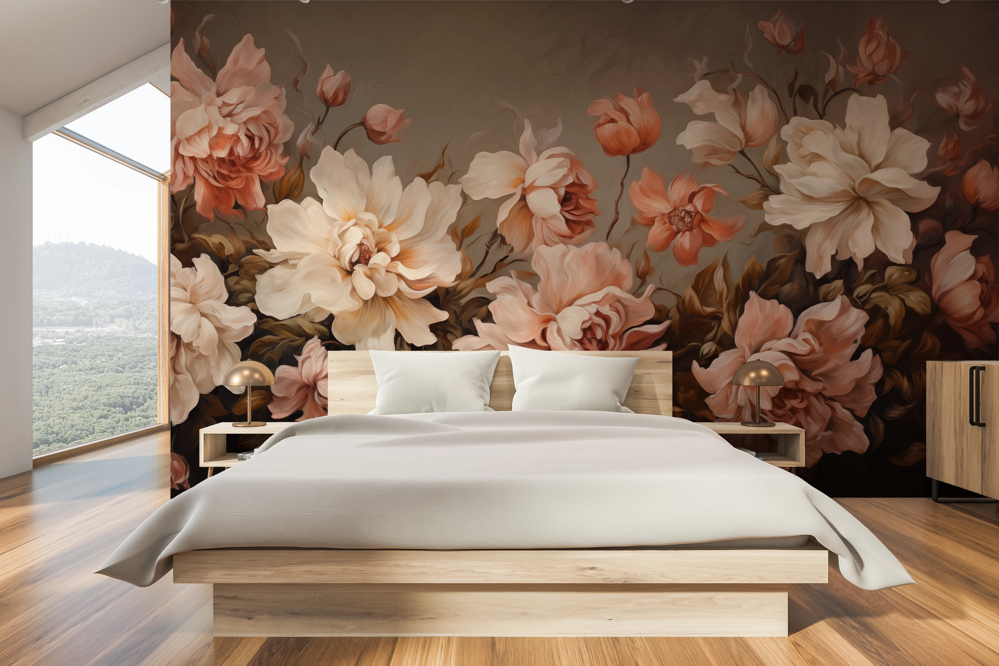 Wzór fototapety artystycznej o nazwie Autumn Rose Elegance pokazanej w aranżacji wnętrza.
