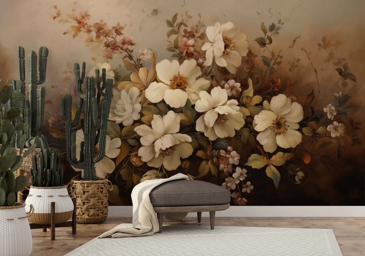 Fototapeta malowana o nazwie Golden Floral Array pokazana w aranżacji wnętrza.