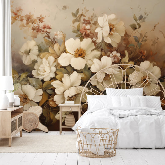 Wzór fototapety artystycznej o nazwie Golden Floral Array pokazanej w aranżacji wnętrza.