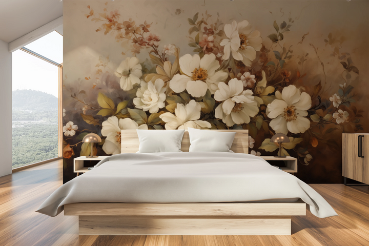 Fototapeta artystyczna o nazwie Golden Floral Array pokazana w aranżacji wnętrza.