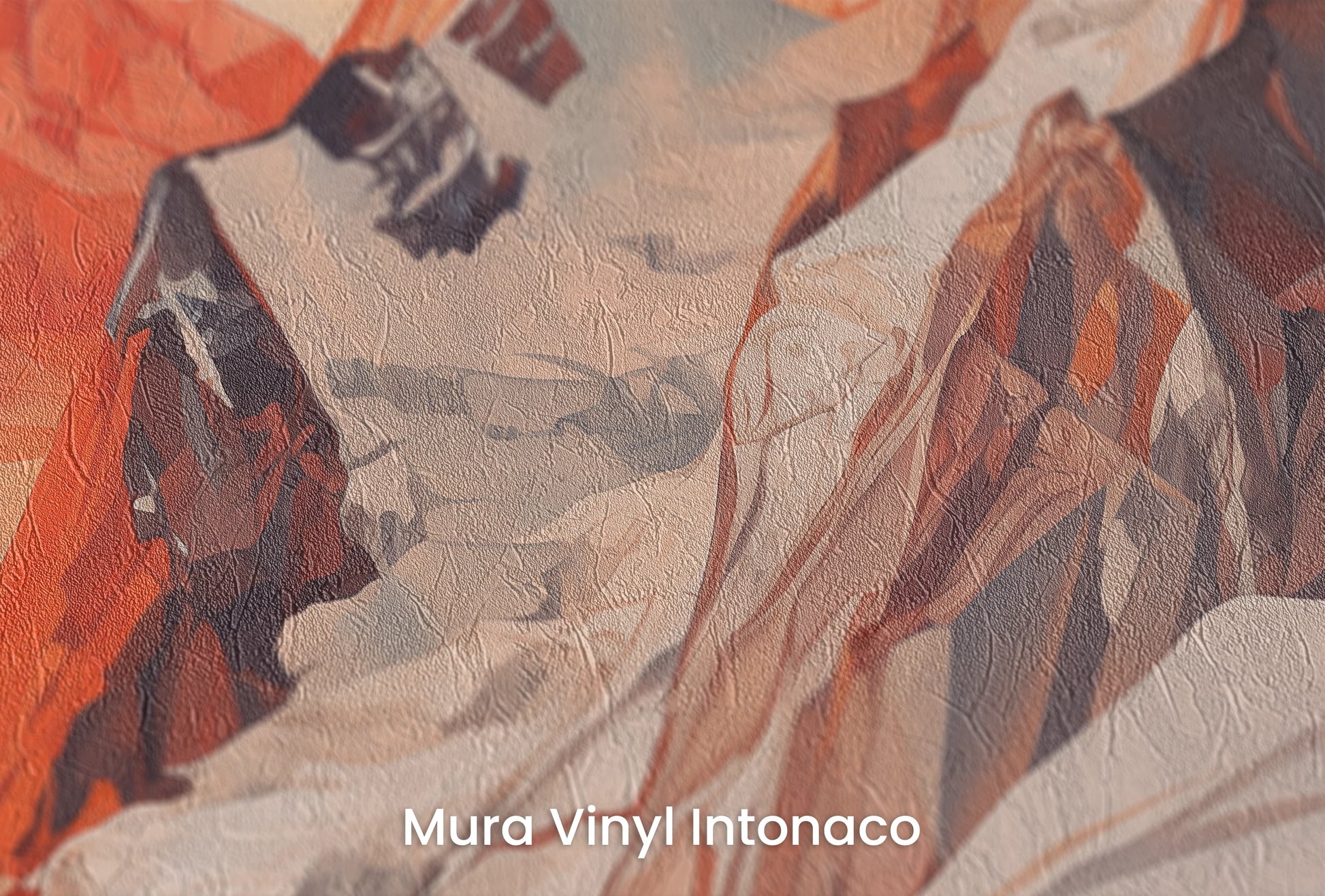 Zbliżenie na artystyczną fototapetę o nazwie Geometric Dawn na podłożu Mura Vinyl Intonaco - struktura tartego tynku.
