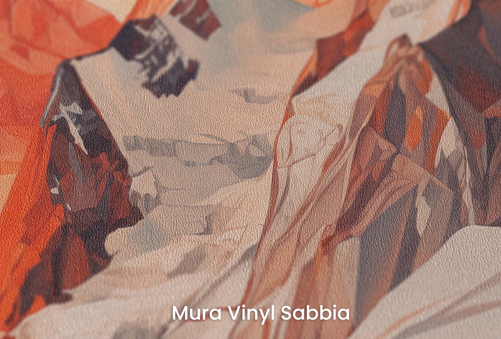 Zbliżenie na artystyczną fototapetę o nazwie Geometric Dawn na podłożu Mura Vinyl Sabbia struktura grubego ziarna piasku.