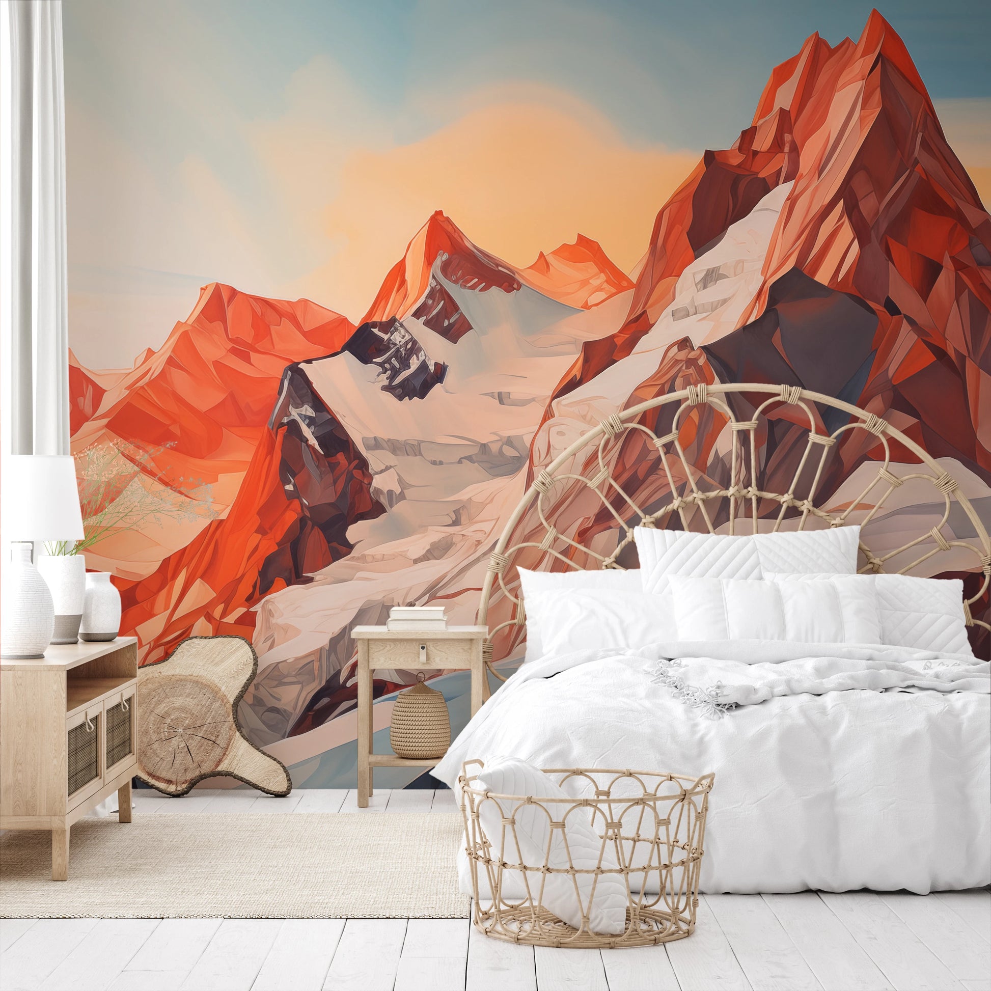 Wzór fototapety malowanej o nazwie Geometric Dawn pokazanej w aranżacji wnętrza.