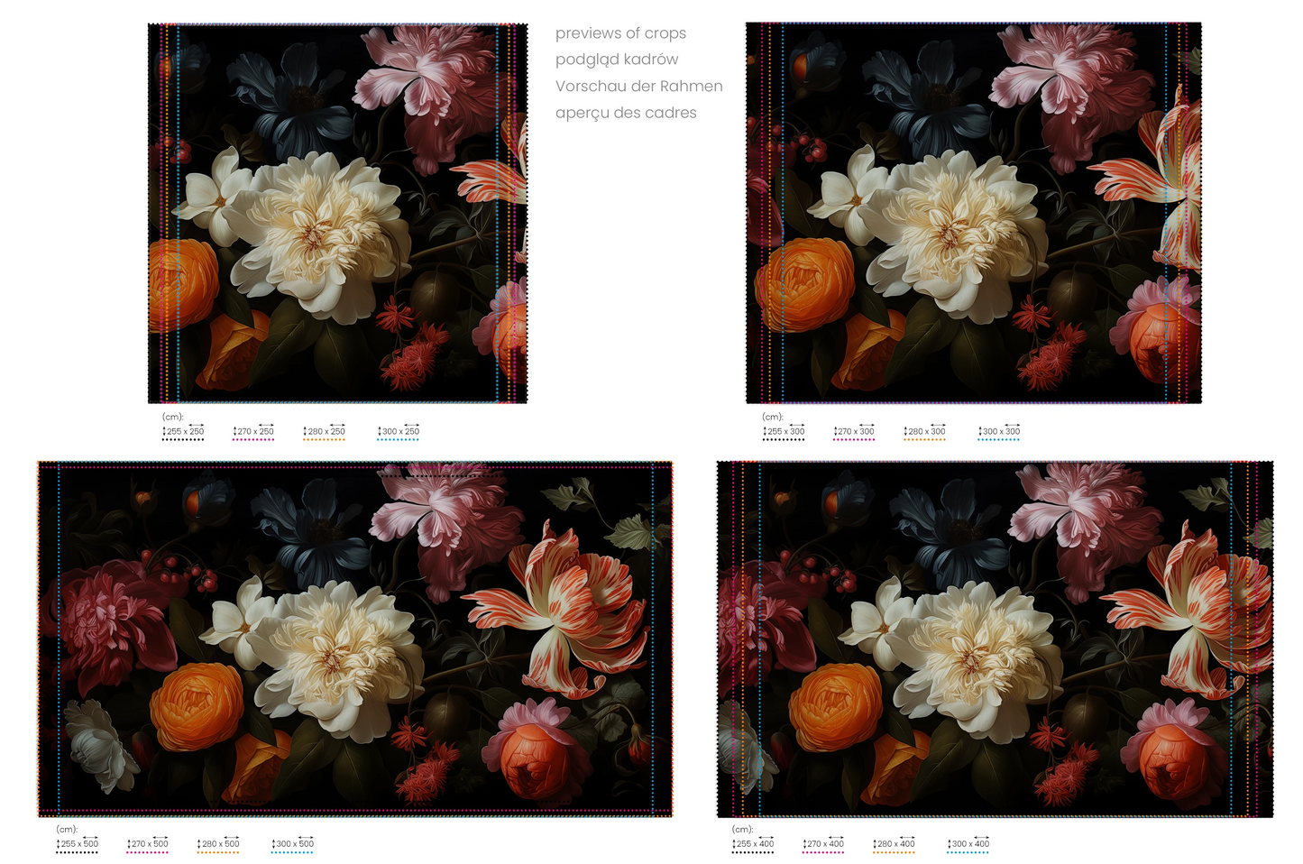 Na obrazie znajduje się prezentacja przykładowych rozmiarów fototapety o nazwie Baroque Flower Scene. Rozmiar fototapety jest dowolny.