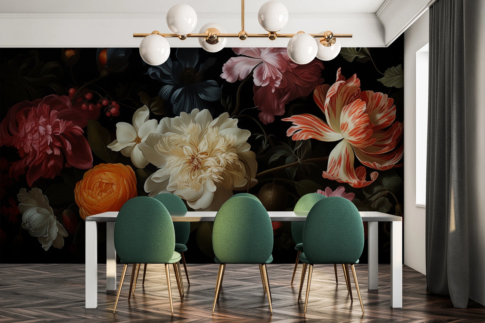 Wzór fototapety malowanej o nazwie Baroque Flower Scene pokazanej w aranżacji wnętrza.