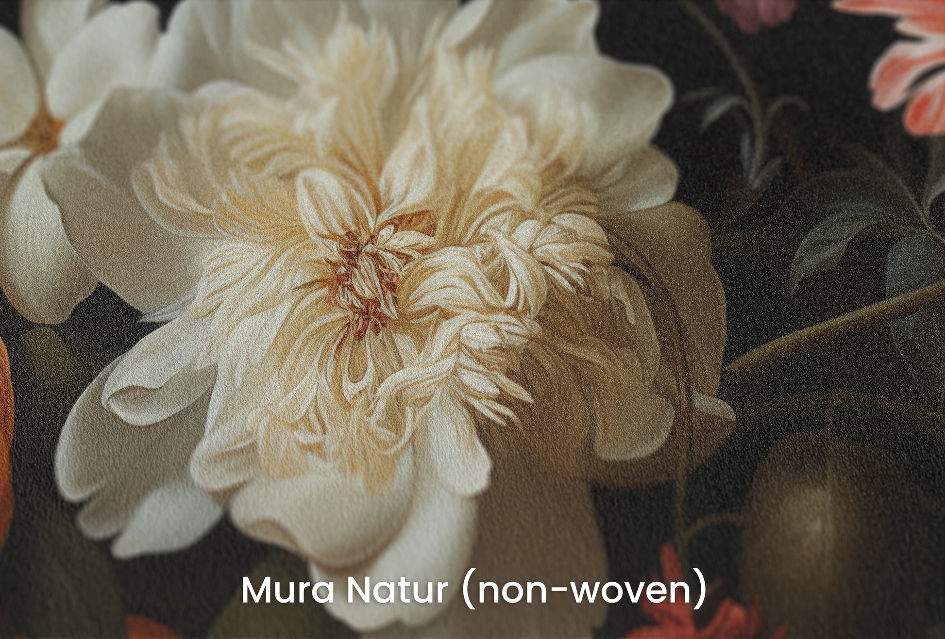 Zbliżenie na artystyczną fototapetę o nazwie Baroque Flower Scene na podłożu Mura Natur (non-woven) - naturalne i ekologiczne podłoże.
