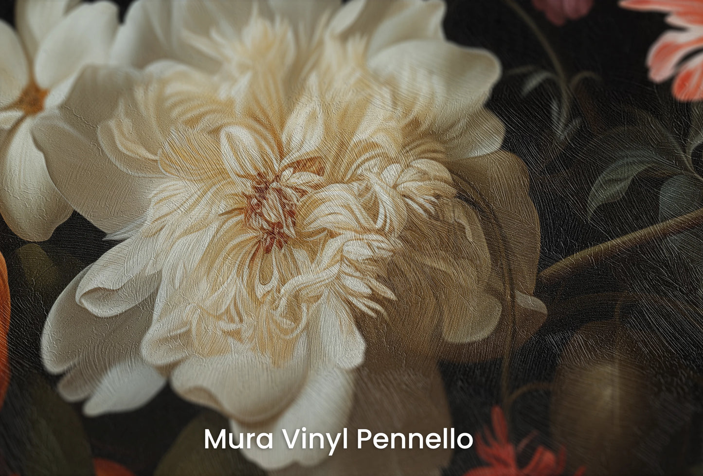 Zbliżenie na artystyczną fototapetę o nazwie Baroque Flower Scene na podłożu Mura Vinyl Pennello - faktura pociągnięć pędzla malarskiego.