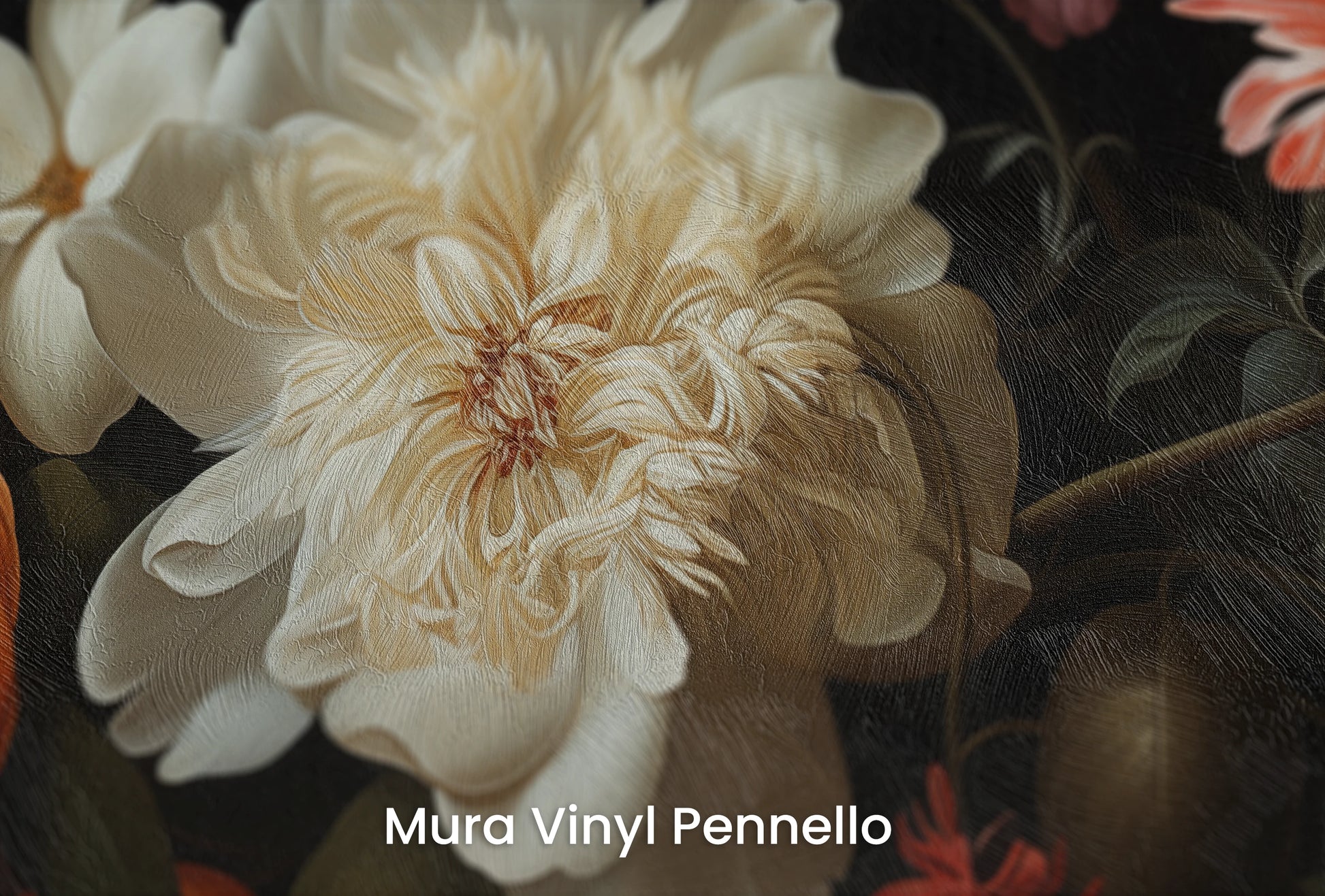 Zbliżenie na artystyczną fototapetę o nazwie Baroque Flower Scene na podłożu Mura Vinyl Pennello - faktura pociągnięć pędzla malarskiego.