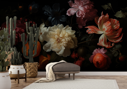 Wzór fototapety artystycznej o nazwie Baroque Flower Scene pokazanej w aranżacji wnętrza.