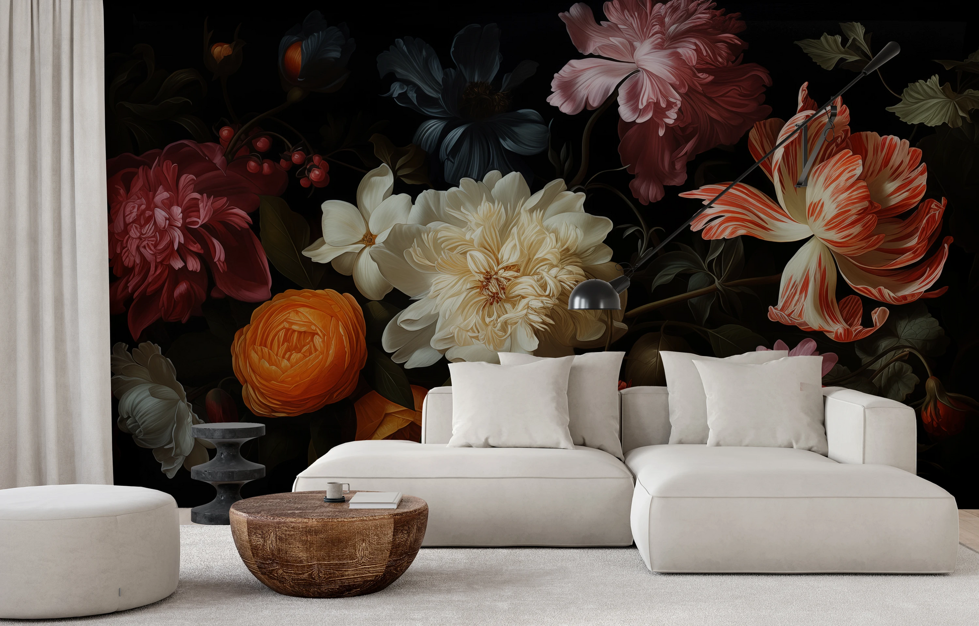 Wzór fototapety o nazwie Baroque Flower Scene pokazanej w kontekście pomieszczenia.