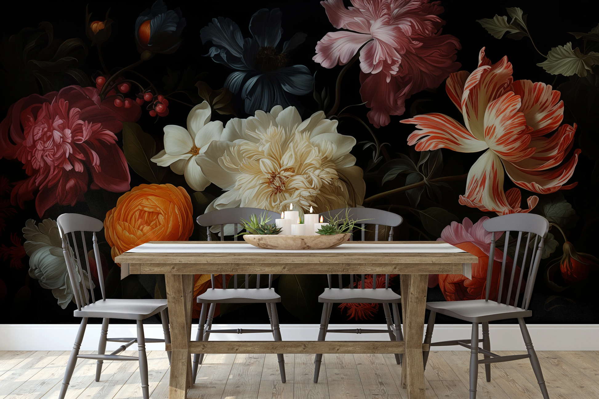 Wzór fototapety artystycznej o nazwie Baroque Flower Scene pokazanej w aranżacji wnętrza.