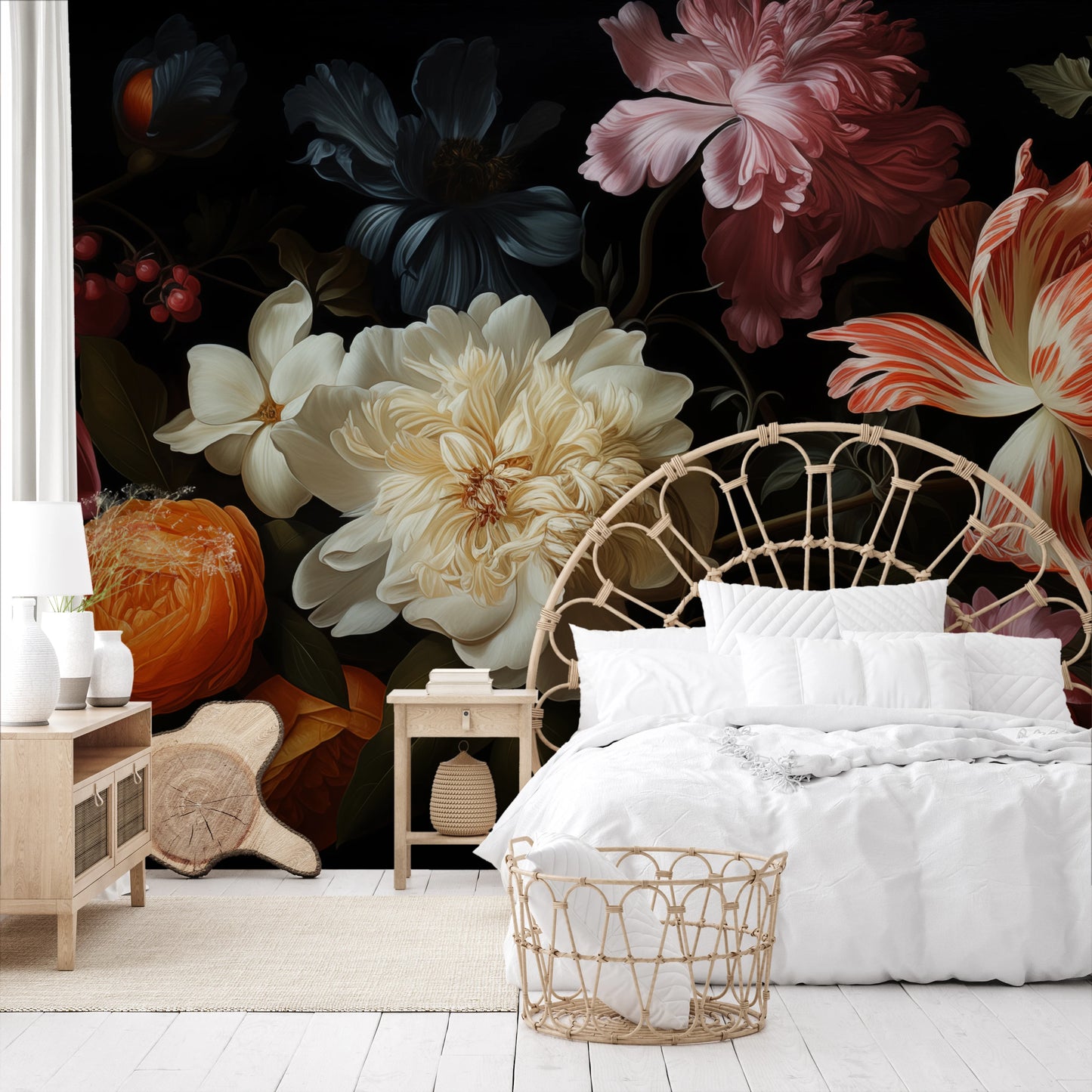 Zdjęcie prezentuje aranżację wnętrza z użyciem fototapety o nazwie Baroque Flower Scene pokazanej w aranżacji wnętrza.