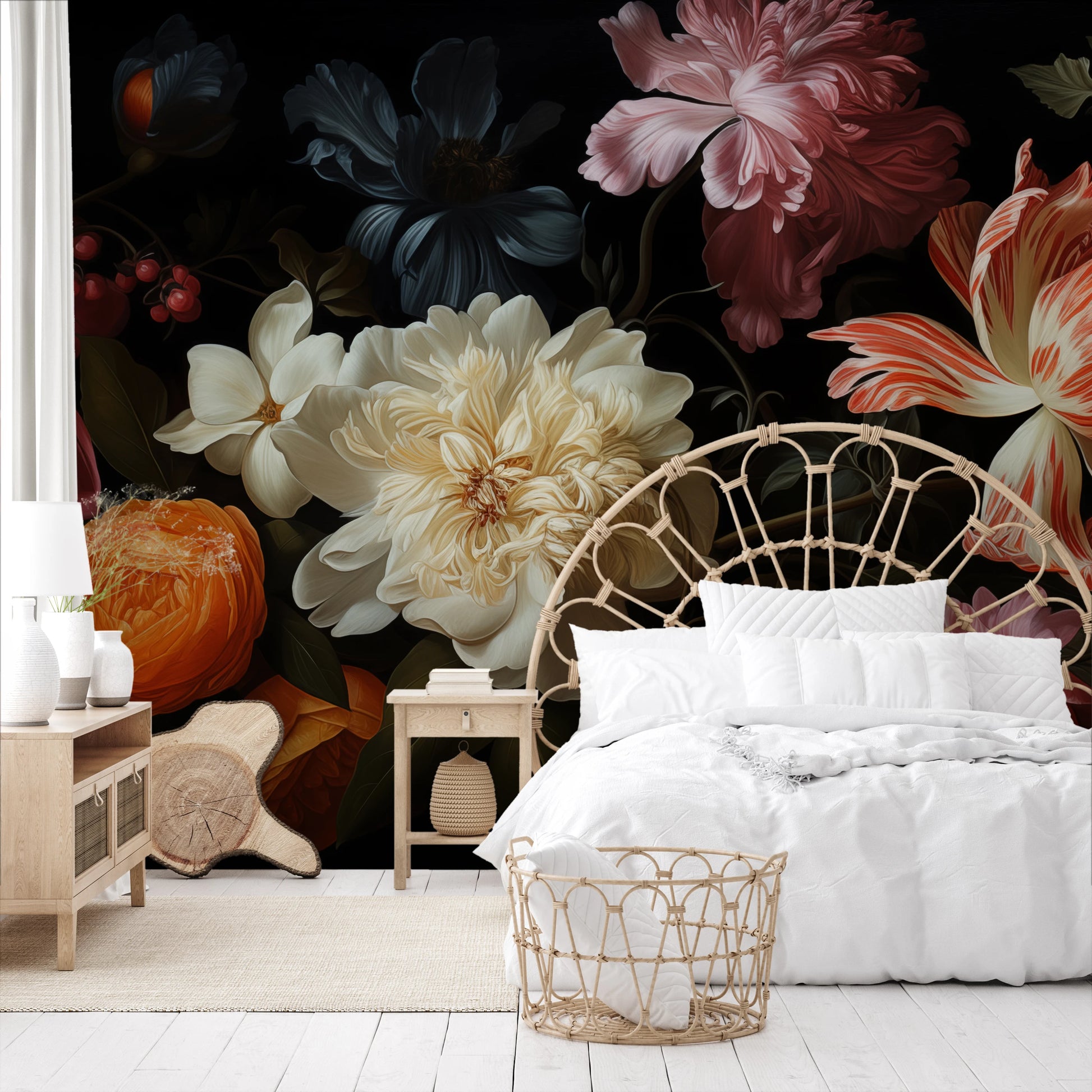 Zdjęcie prezentuje aranżację wnętrza z użyciem fototapety o nazwie Baroque Flower Scene pokazanej w aranżacji wnętrza.