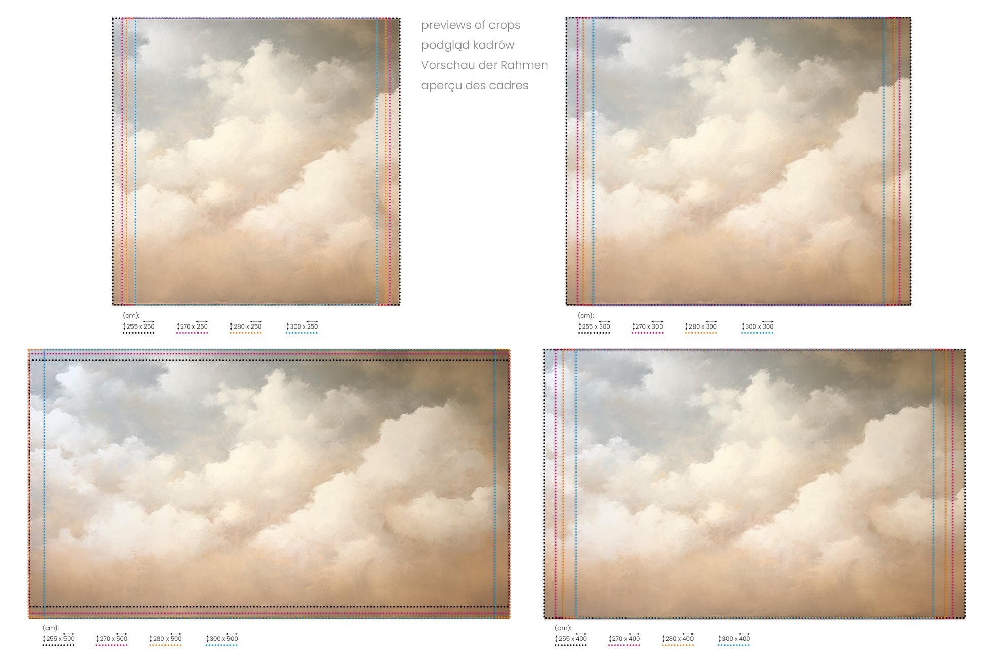Na obrazie znajduje się prezentacja przykładowych rozmiarów fototapety o nazwie CLOUDS OF AMBER TWILIGHT. Rozmiar fototapety jest dowolny.